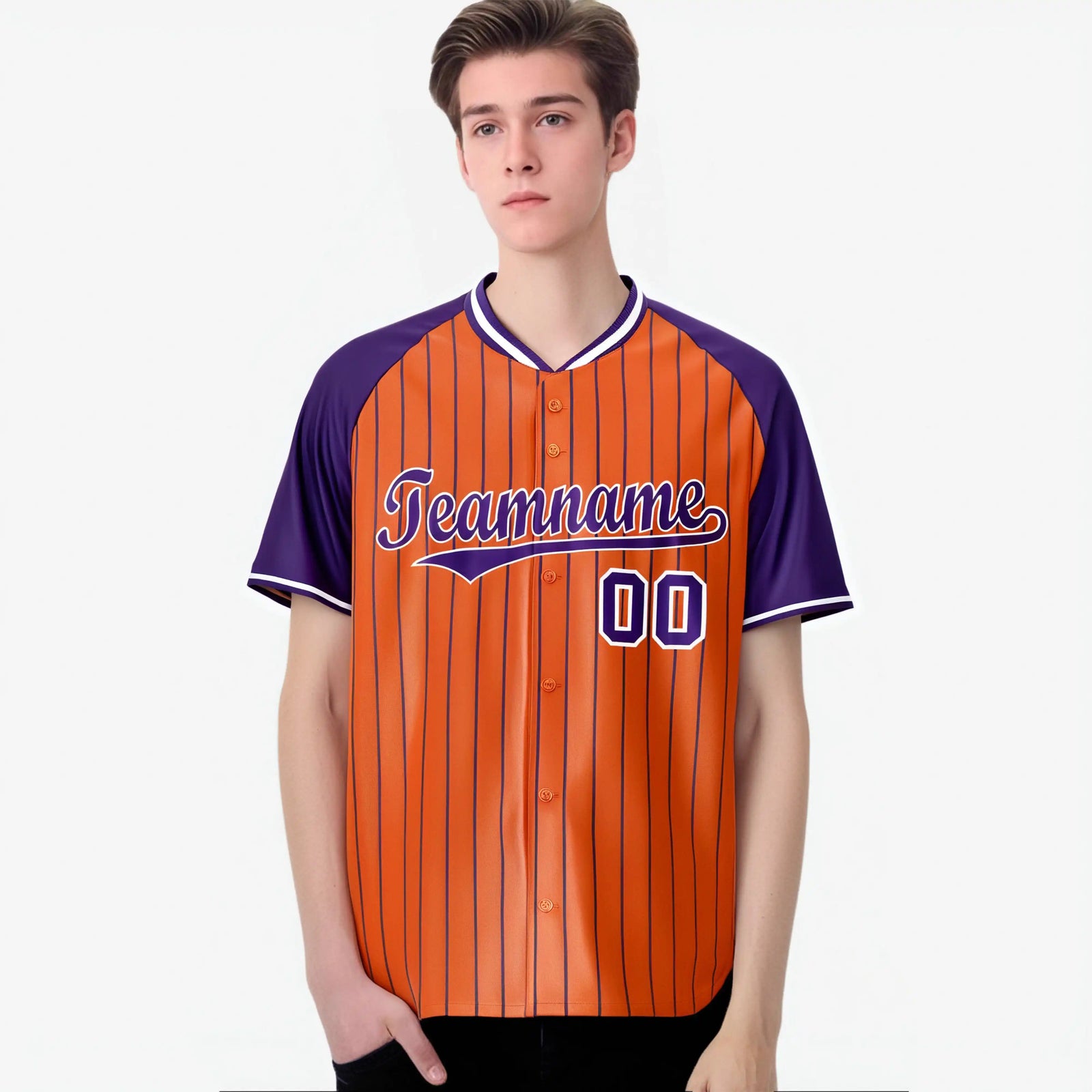 Custom Orange Purple Pinstripe Purple-Orange Authentic Raglan Sleeves Baseball Jersey