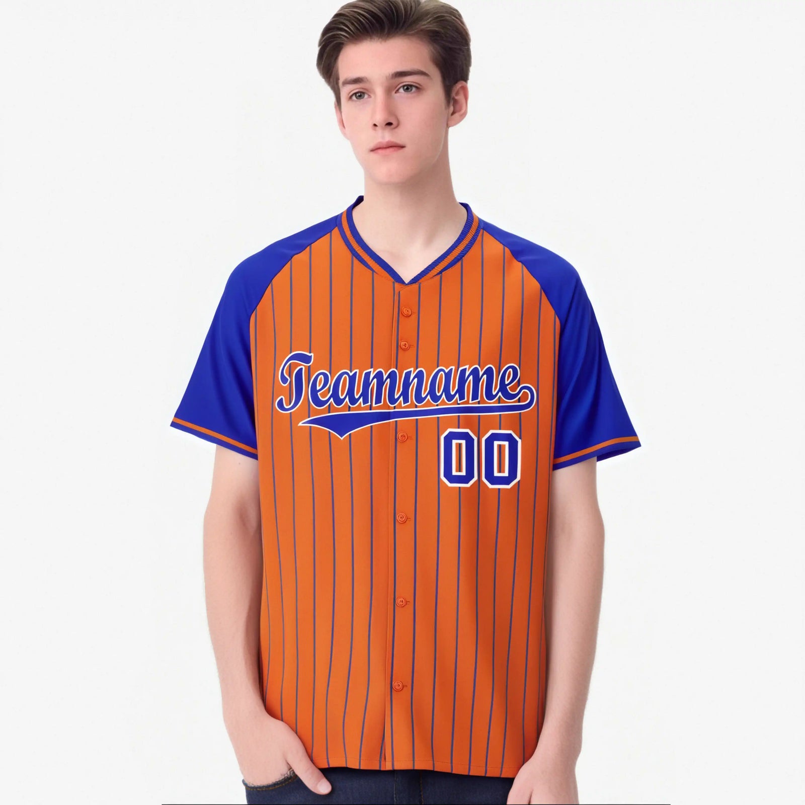 Custom Orange-Royal Blue Pinstripe Authentic Raglan Sleeves Baseball Jersey