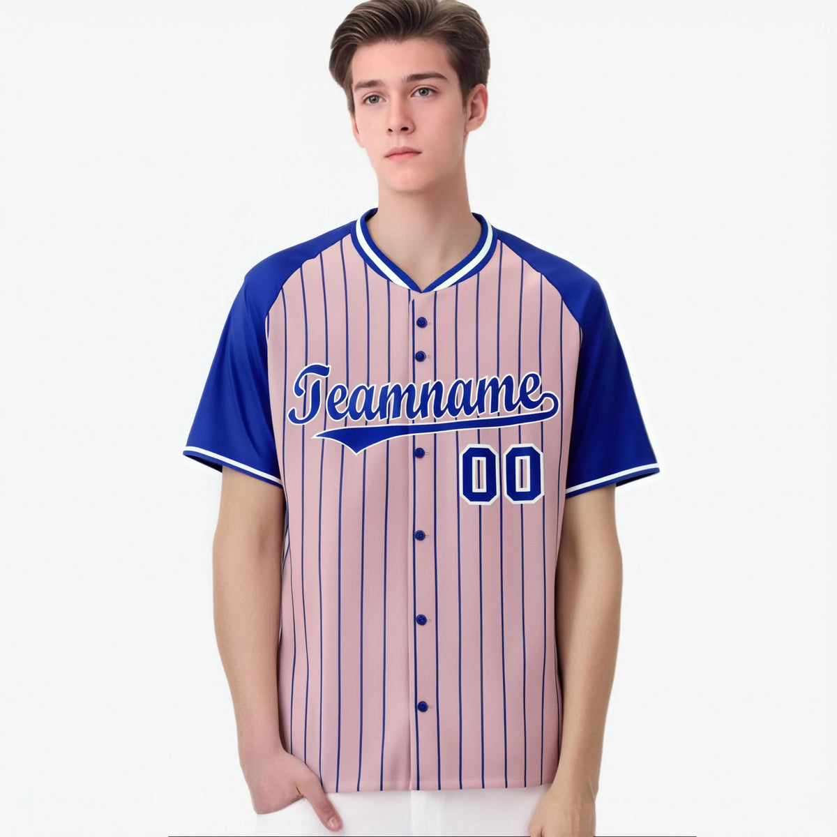 Custom Pink-Royal Blue Pinstripe Authentic Raglan Sleeves Baseball Jersey