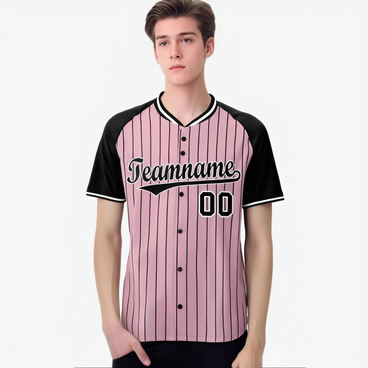 Custom Pink Black Pinstripe Black-Pink Authentic Raglan Sleeves Baseball Jersey