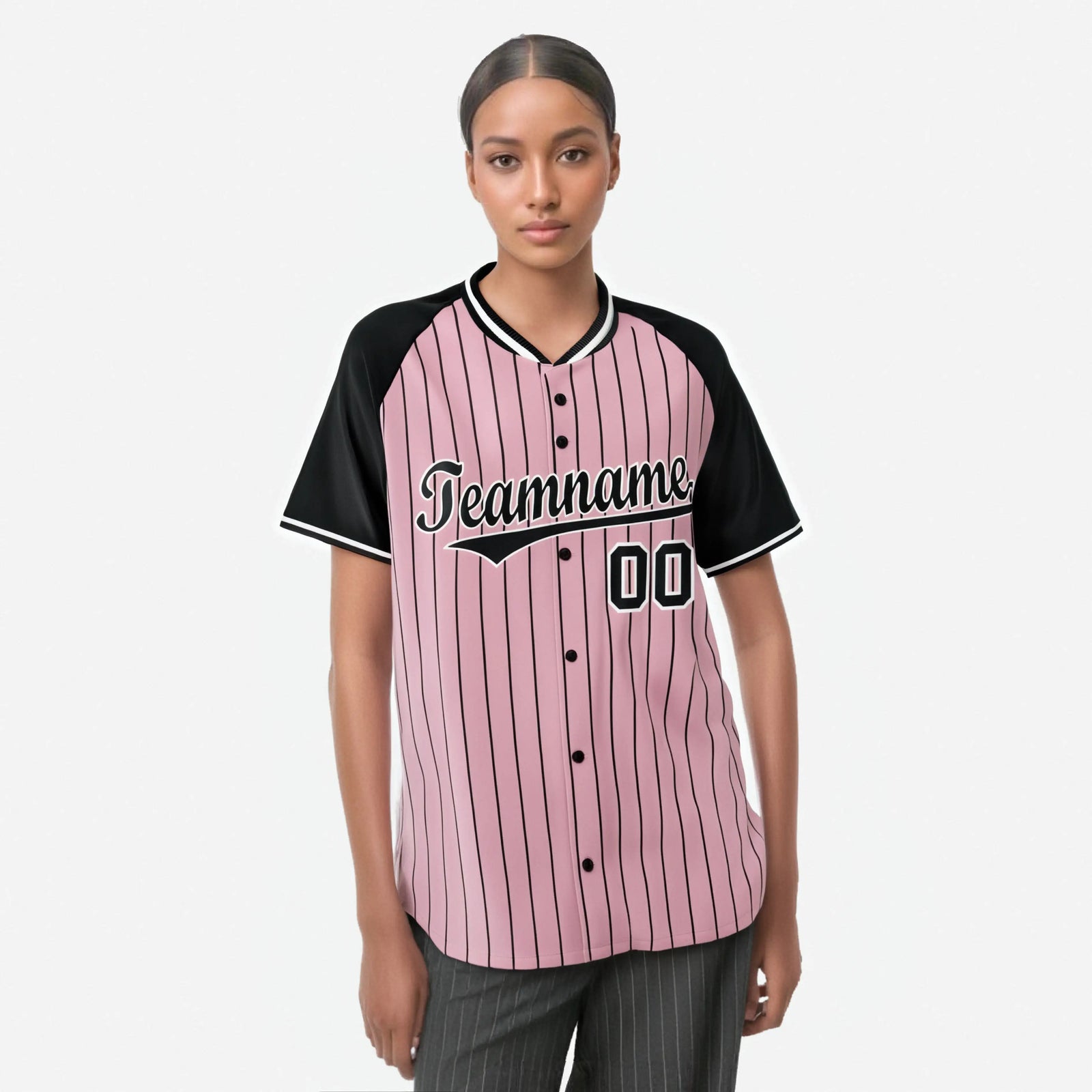 Custom Pink Black Pinstripe Black-Pink Authentic Raglan Sleeves Baseball Jersey