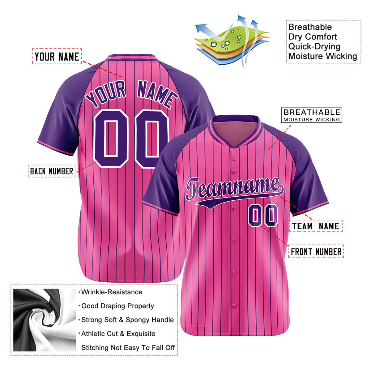Custom Pink Purple Pinstripe Purple-Pink Authentic Raglan Sleeves Baseball Jersey