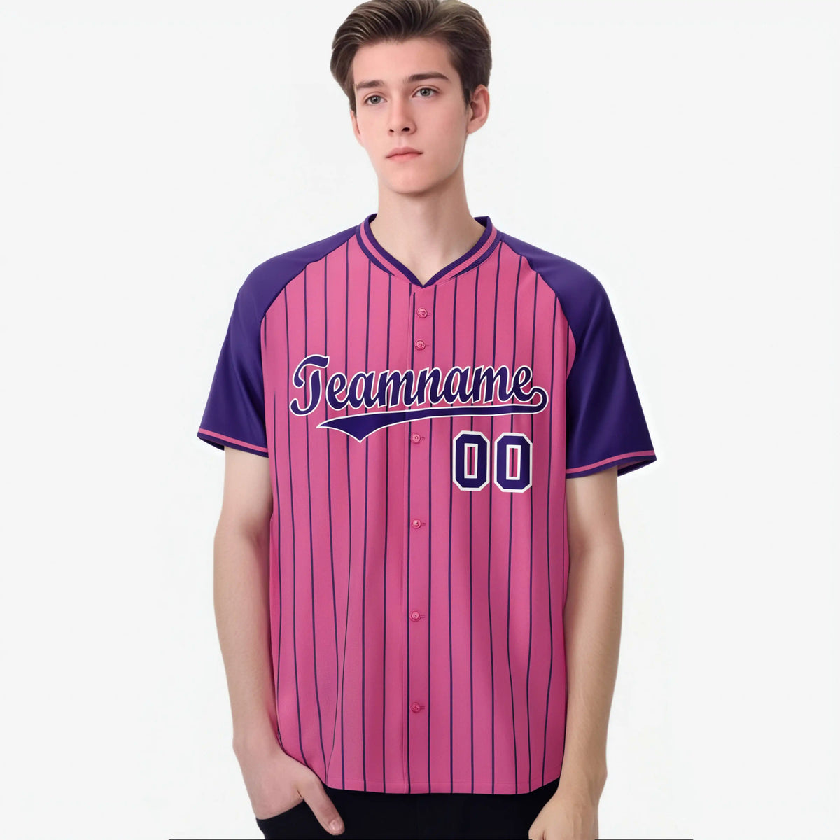 Custom Pink Purple Pinstripe Purple-Pink Authentic Raglan Sleeves Baseball Jersey