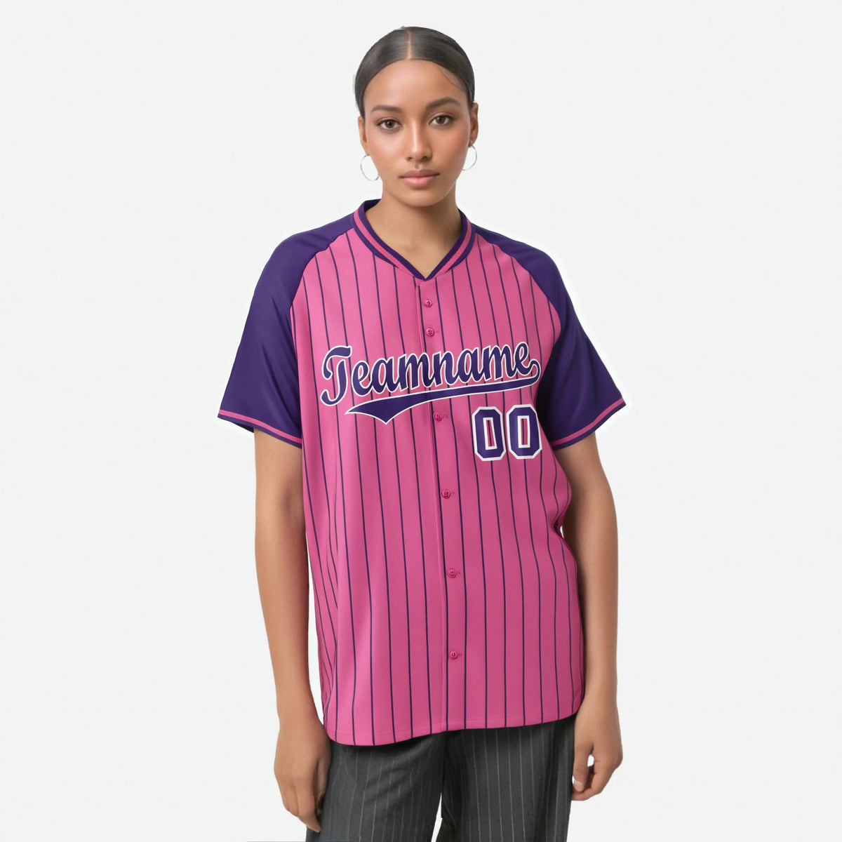 Custom Pink Purple Pinstripe Purple-Pink Authentic Raglan Sleeves Baseball Jersey