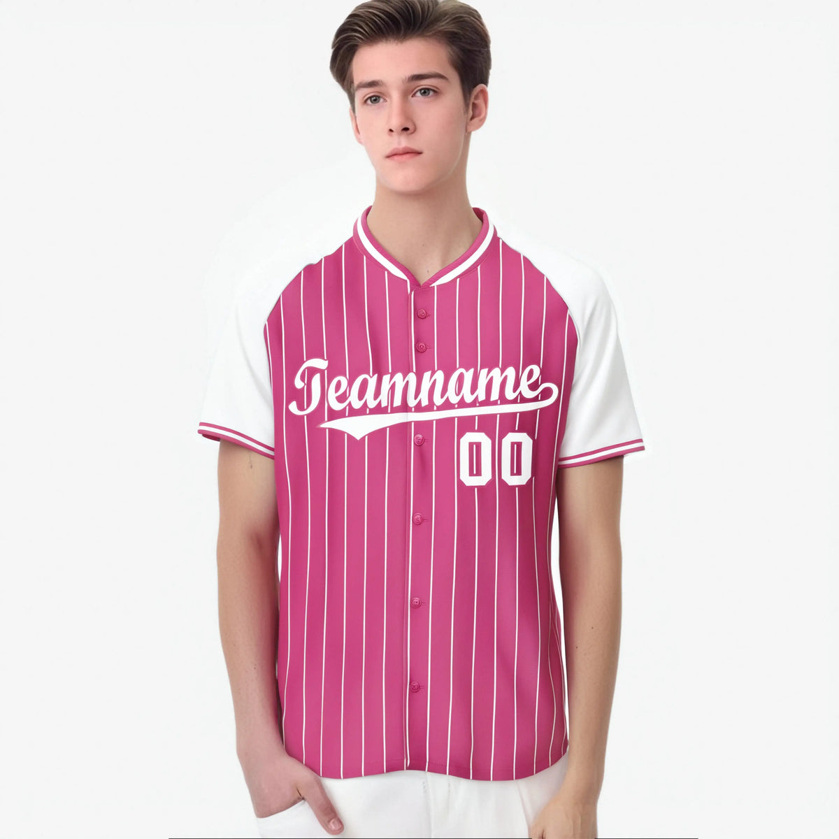 Custom Pink White Pinstripe White-Pink Authentic Raglan Sleeves Baseball Jersey