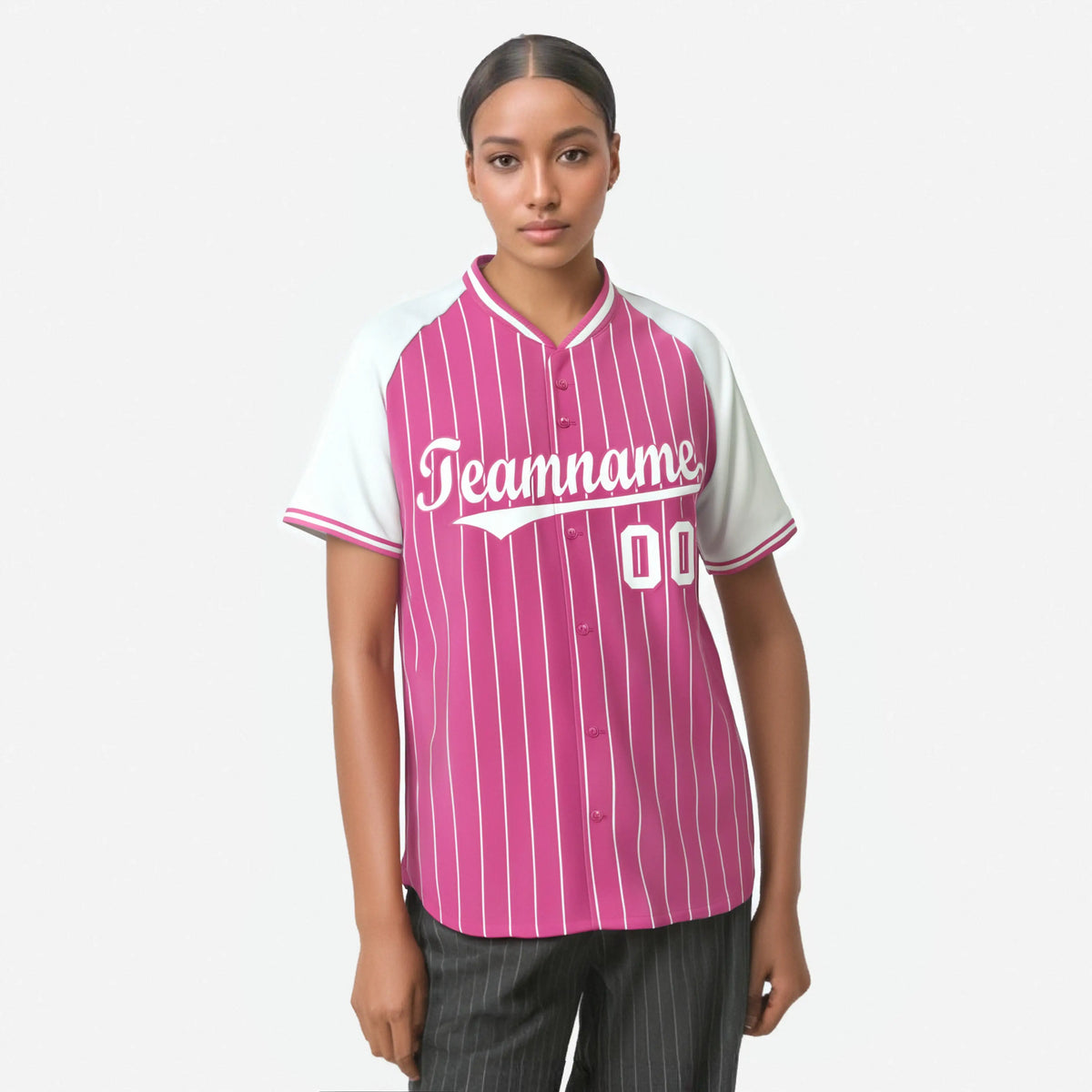Custom Pink White Pinstripe White-Pink Authentic Raglan Sleeves Baseball Jersey