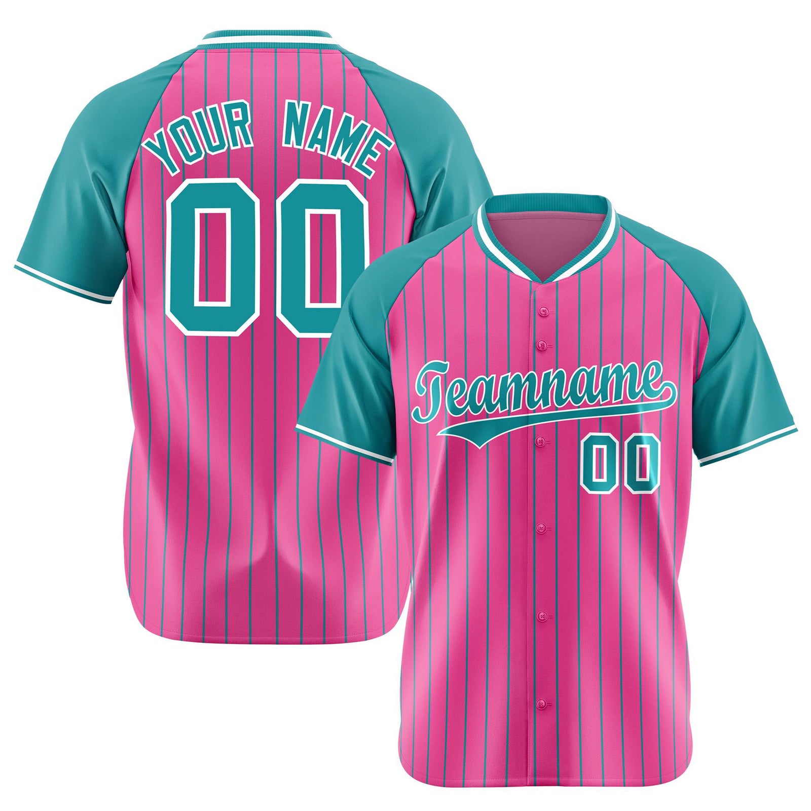 Custom Pink Aqua Pinstripe Aqua-Pink Authentic Raglan Sleeves Baseball Jersey