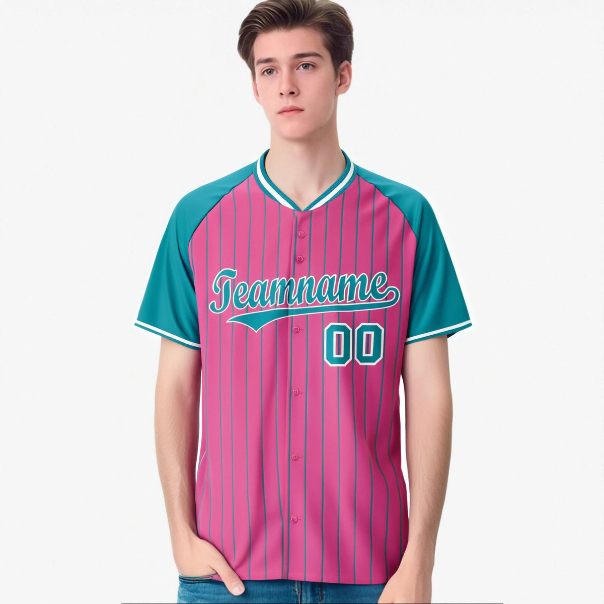 Custom Pink Aqua Pinstripe Aqua-Pink Authentic Raglan Sleeves Baseball Jersey