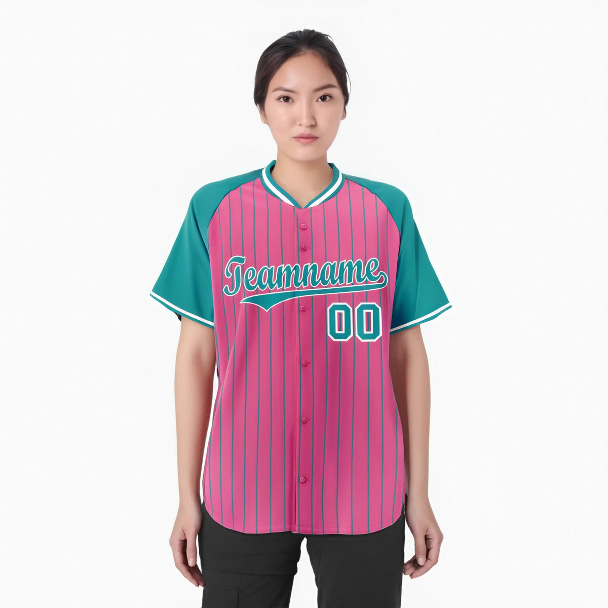 Custom Pink Aqua Pinstripe Aqua-Pink Authentic Raglan Sleeves Baseball Jersey