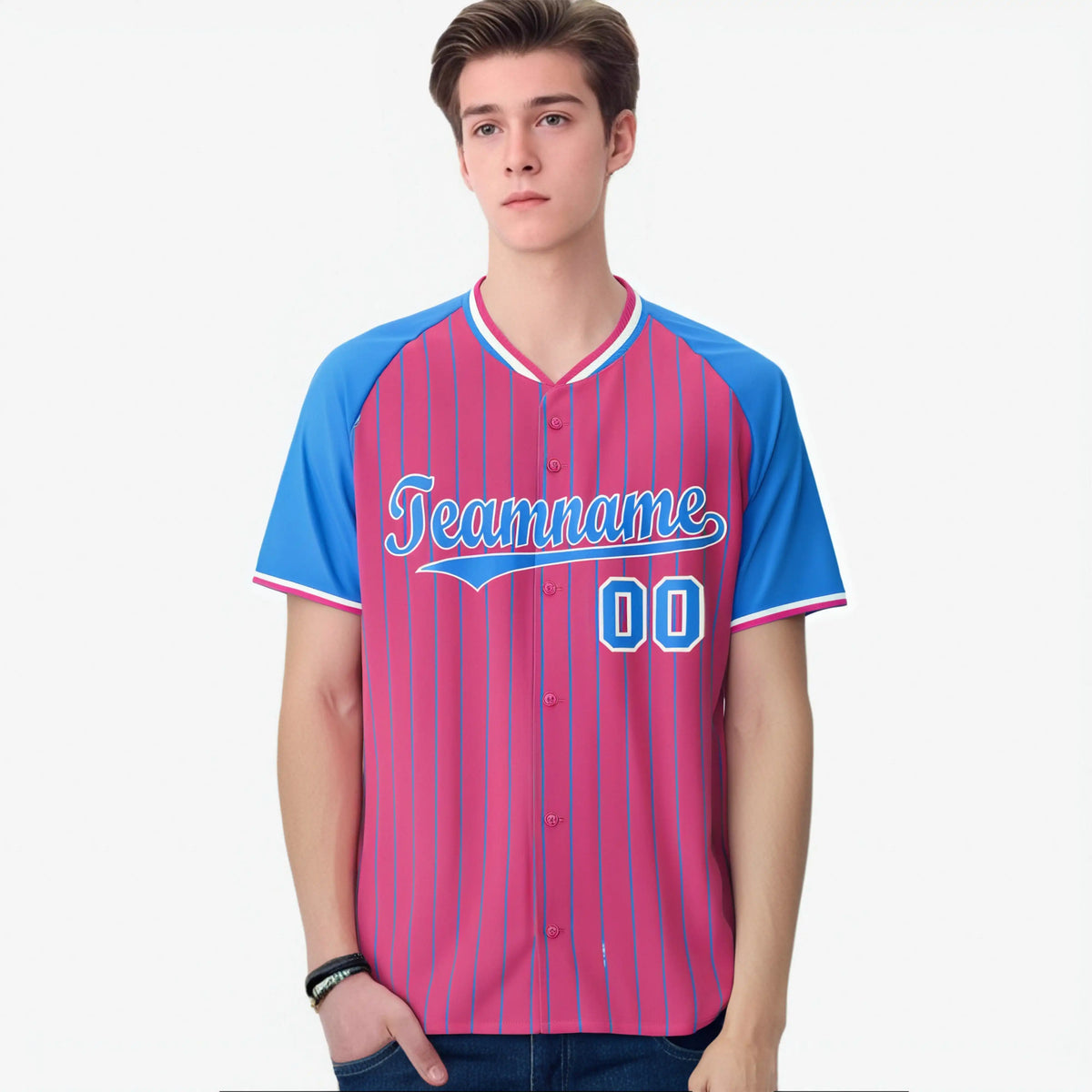 Custom Pink-Powder Blue Pinstripe Authentic Raglan Sleeves Baseball Jersey