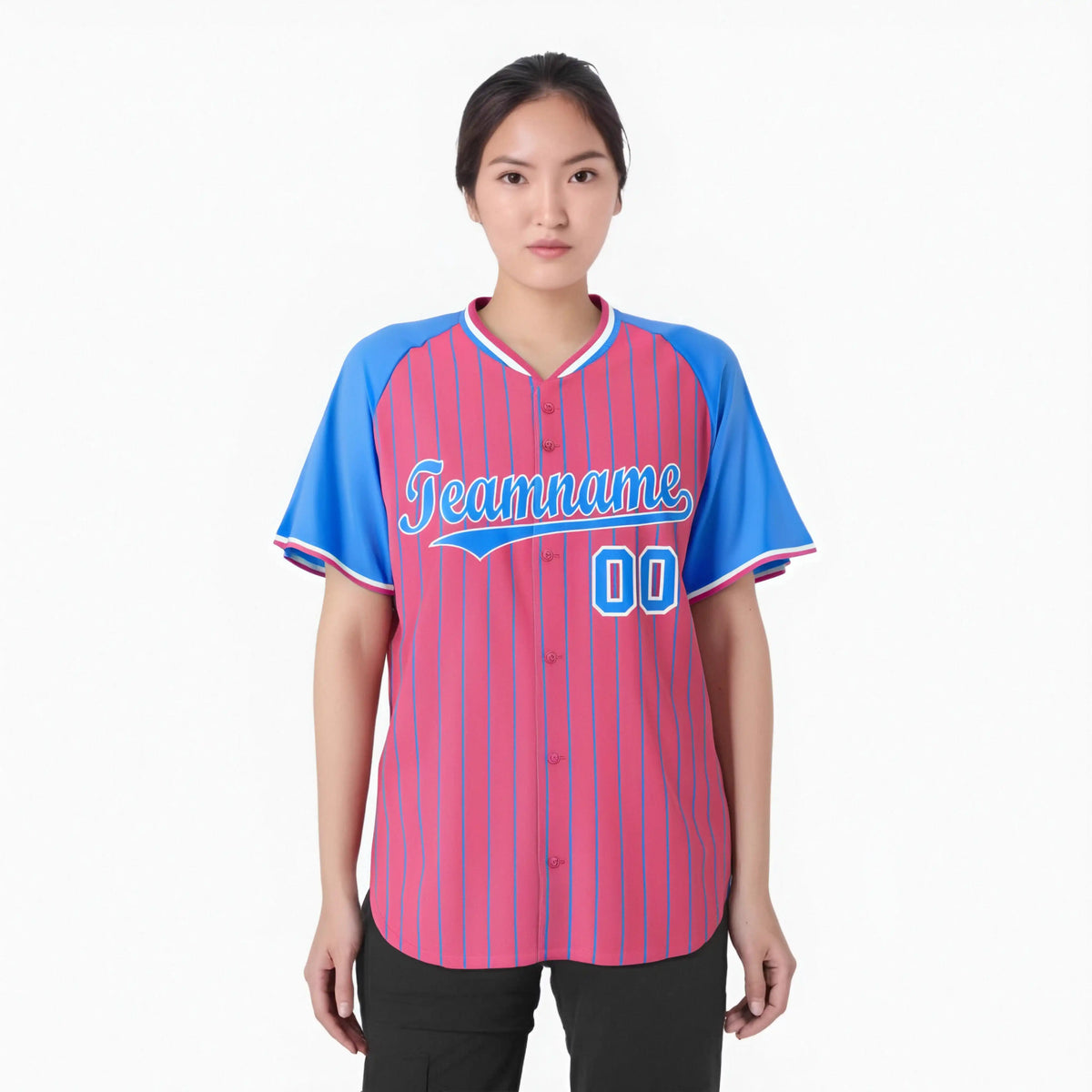 Custom Pink-Powder Blue Pinstripe Authentic Raglan Sleeves Baseball Jersey
