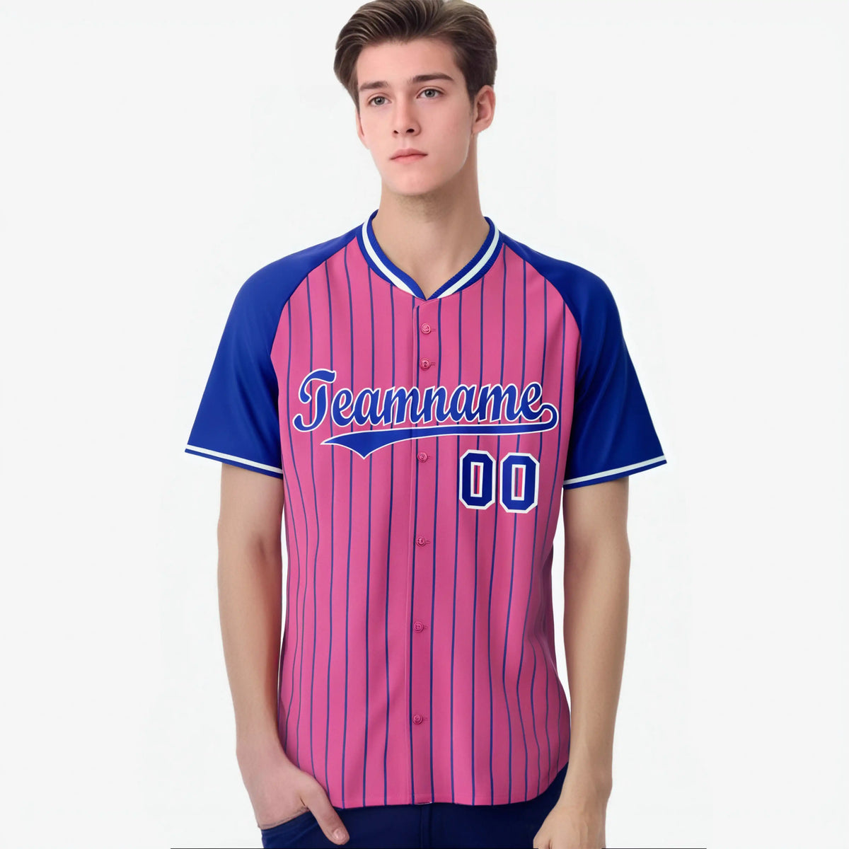 Custom Pink-Royal Blue Pinstripe Authentic Raglan Sleeves Baseball Jersey