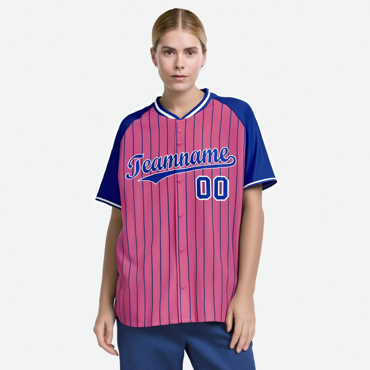 Custom Pink-Royal Blue Pinstripe Authentic Raglan Sleeves Baseball Jersey