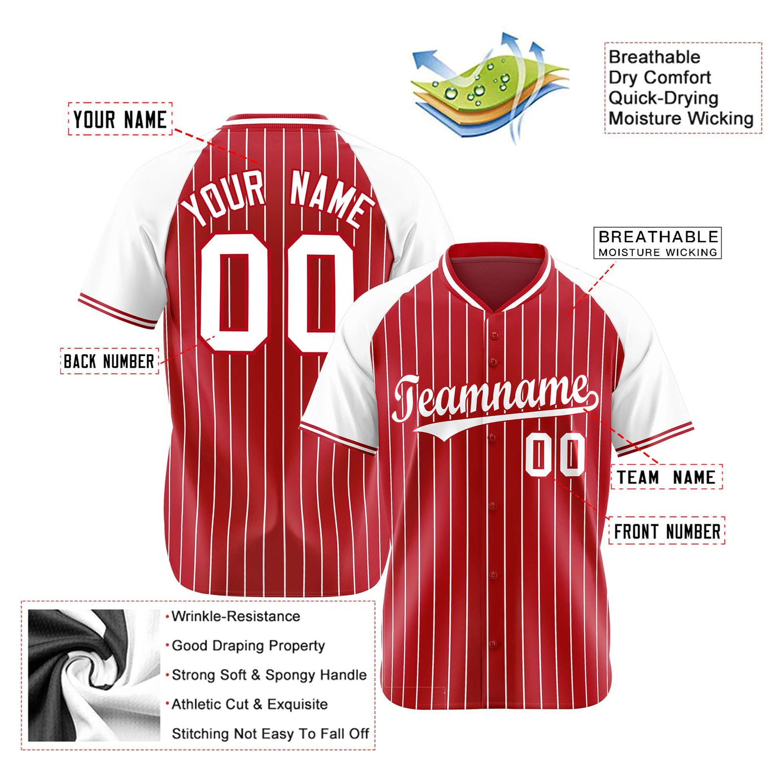 Custom Red White Pinstripe White-Red Authentic Raglan Sleeves Baseball Jersey