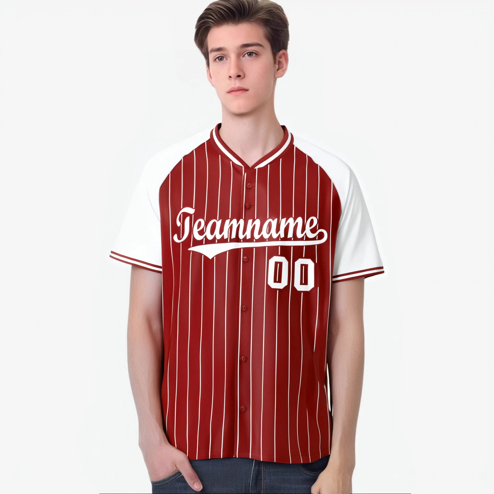Custom Red White Pinstripe White-Red Authentic Raglan Sleeves Baseball Jersey
