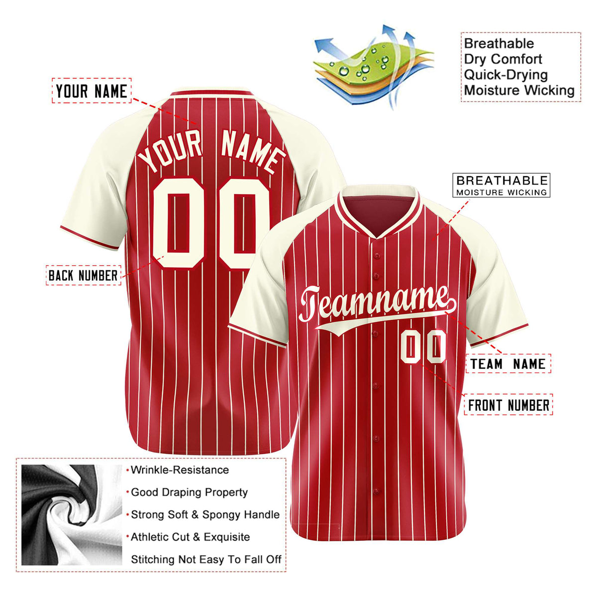 Custom Red Cream Pinstripe Cream-Red Authentic Raglan Sleeves Baseball Jersey
