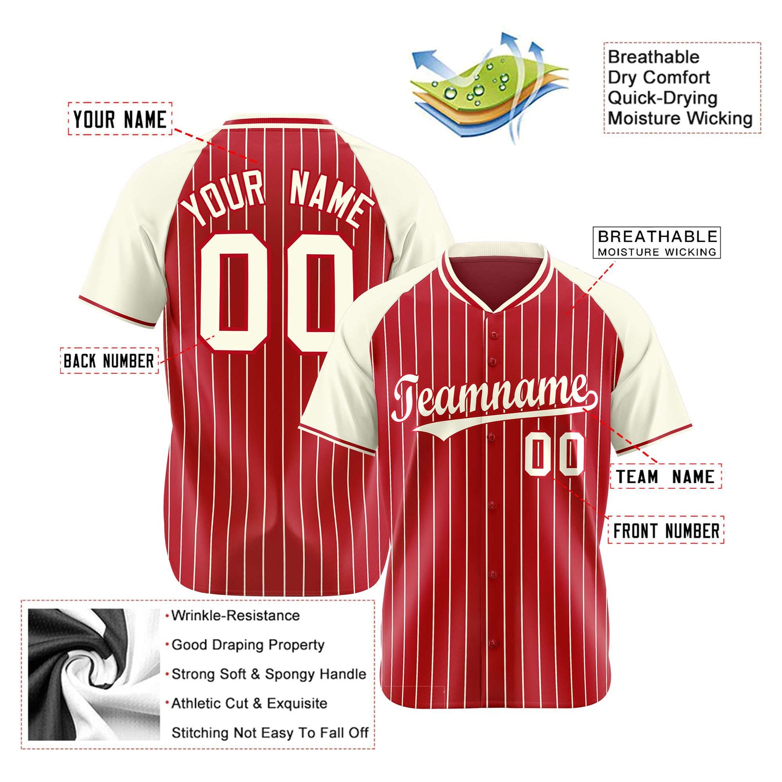 Custom Red Cream Pinstripe Cream-Red Authentic Raglan Sleeves Baseball Jersey