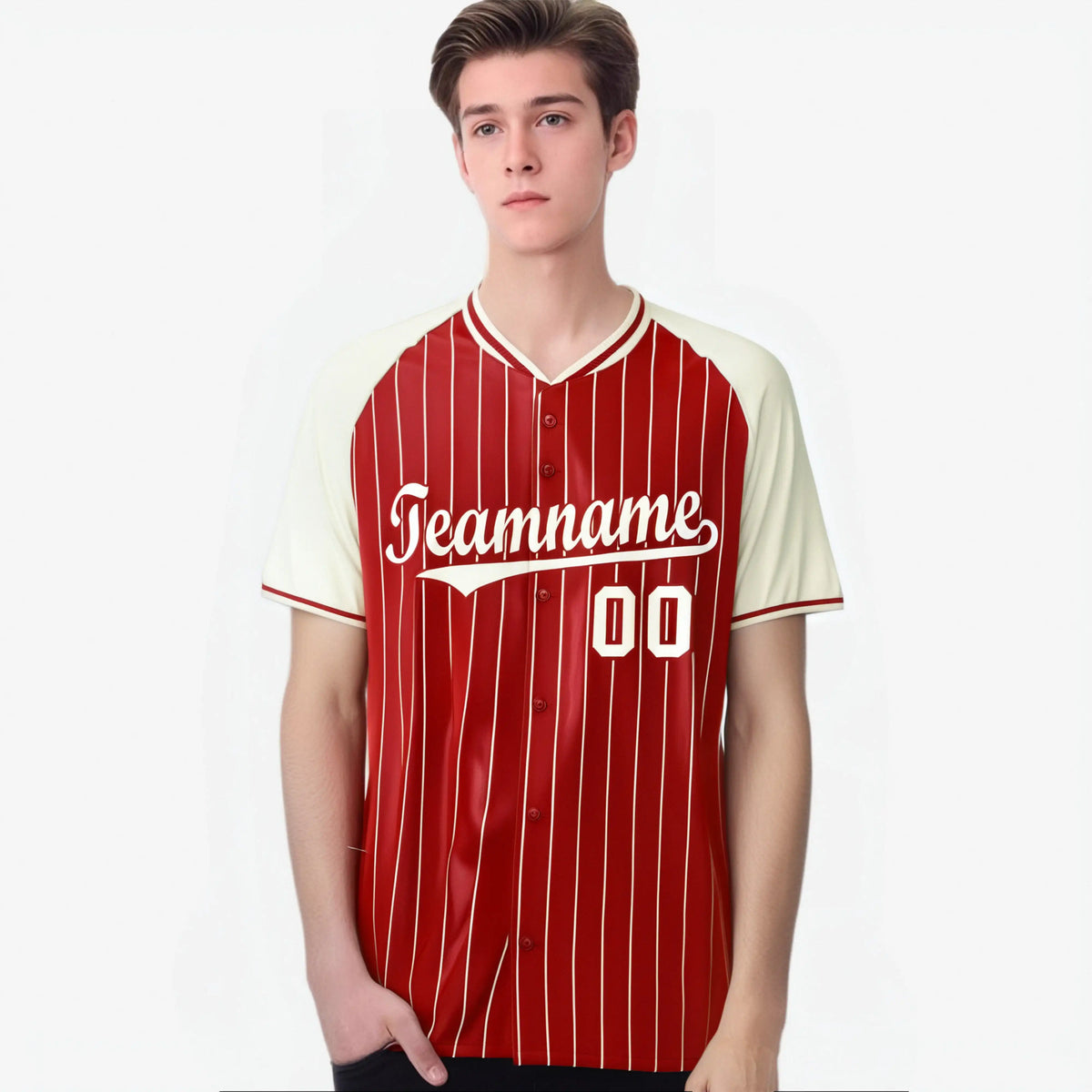 Custom Red Cream Pinstripe Cream-Red Authentic Raglan Sleeves Baseball Jersey