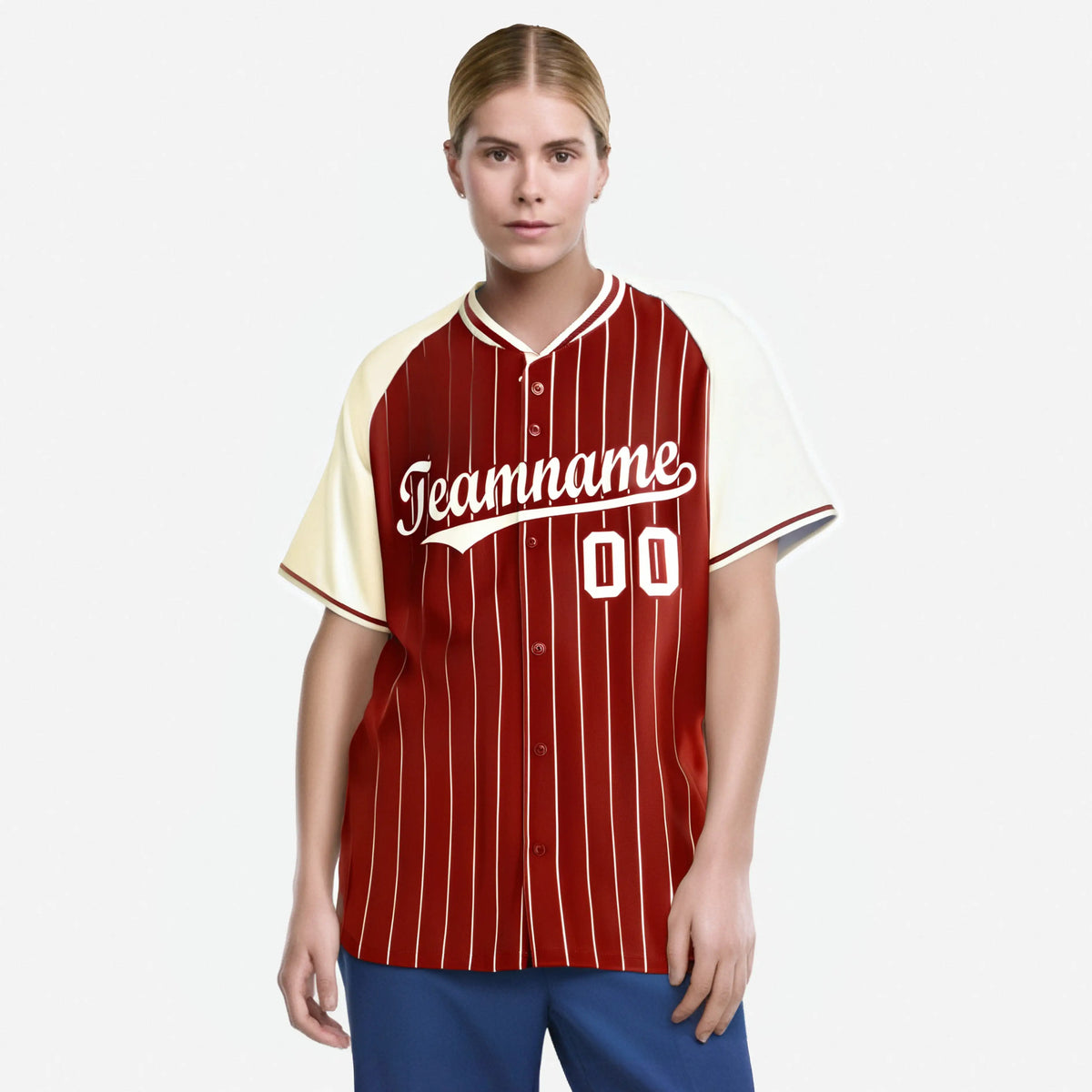 Custom Red Cream Pinstripe Cream-Red Authentic Raglan Sleeves Baseball Jersey