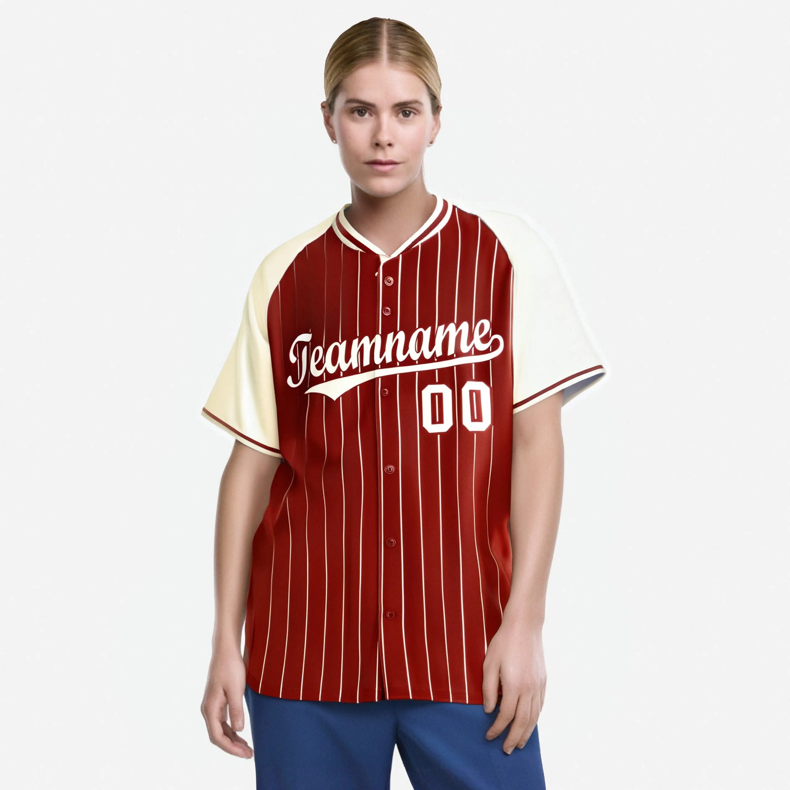 Custom Red Cream Pinstripe Cream-Red Authentic Raglan Sleeves Baseball Jersey