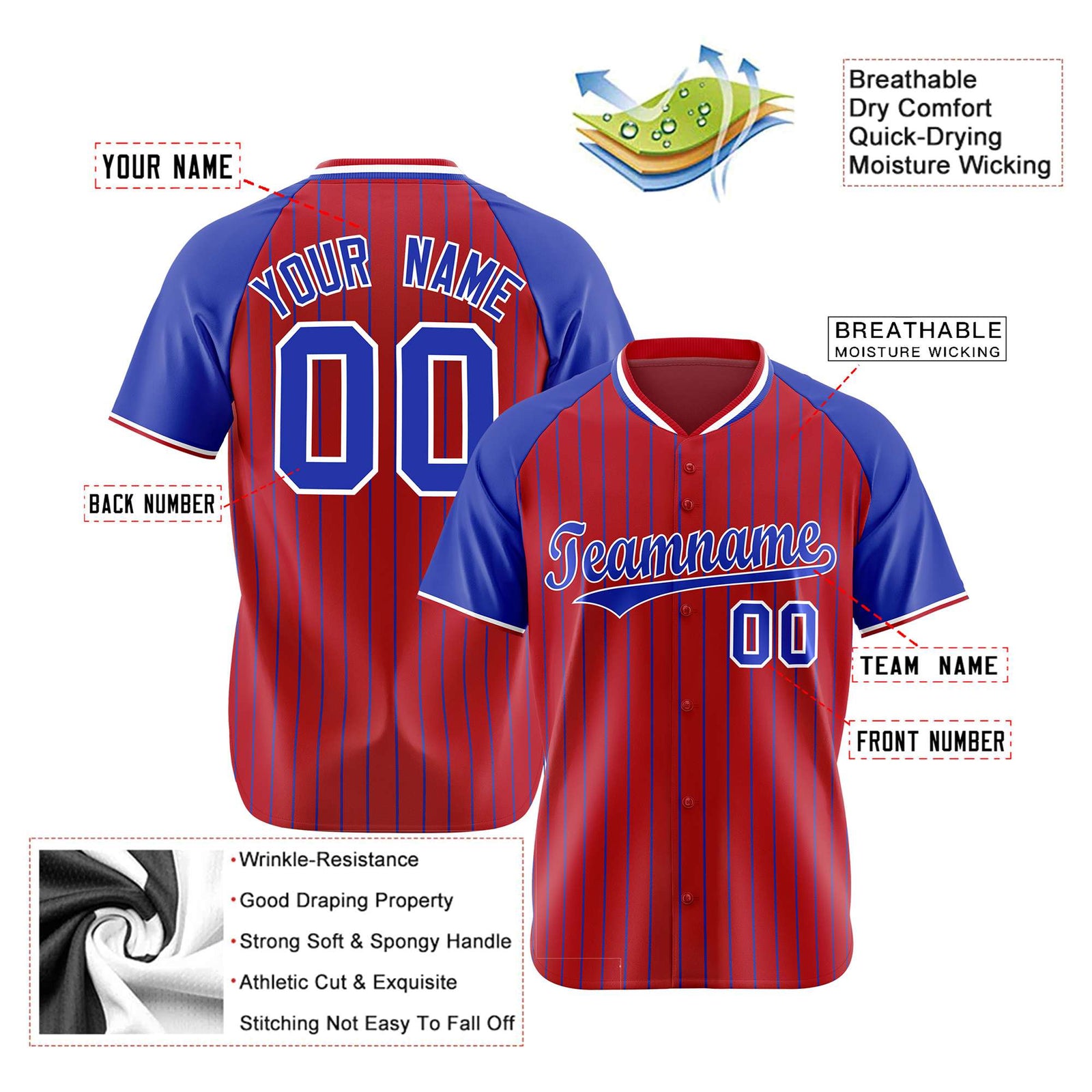 Custom Red-Royal Blue Pinstripe Authentic Raglan Sleeves Baseball Jersey