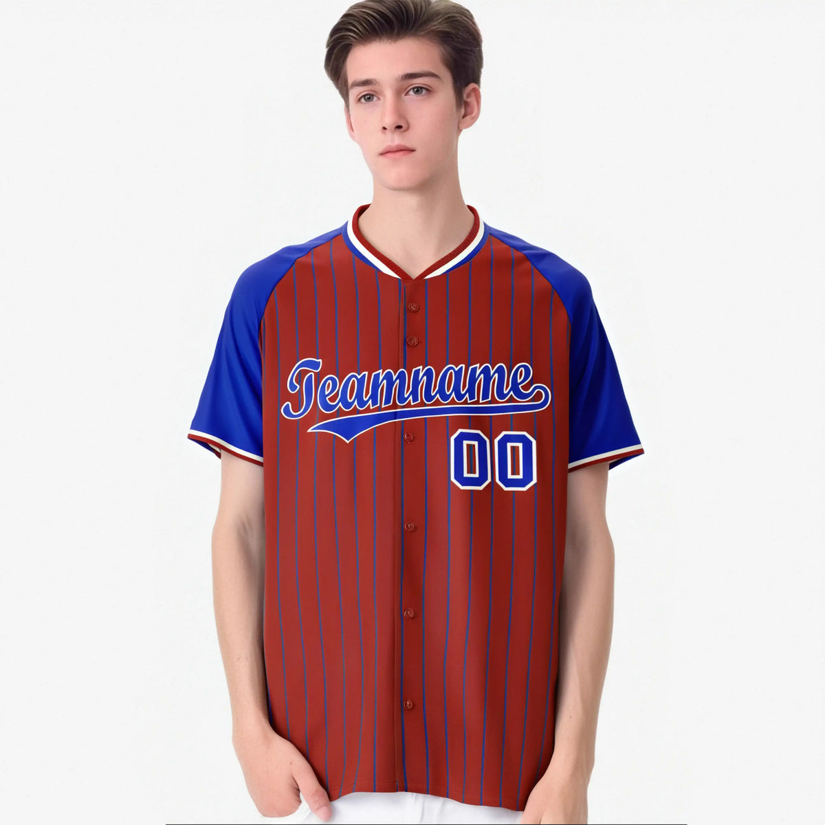 Custom Red-Royal Blue Pinstripe Authentic Raglan Sleeves Baseball Jersey