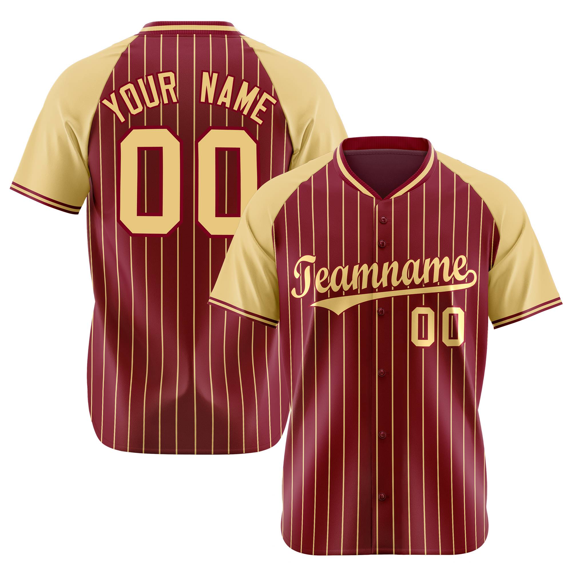 Custom Crimson Khaki Pinstripe Authentic Raglan Sleeves Baseball Jersey