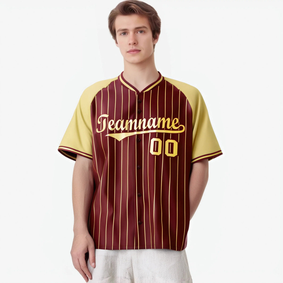 Custom Crimson Khaki Pinstripe Authentic Raglan Sleeves Baseball Jersey