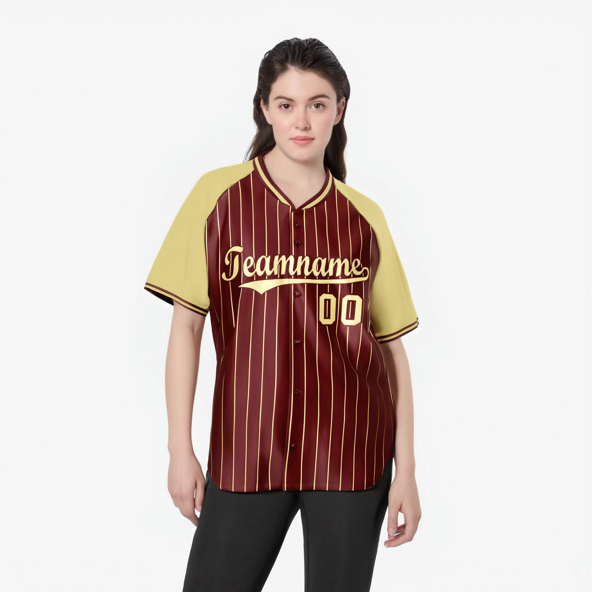 Custom Crimson Khaki Pinstripe Authentic Raglan Sleeves Baseball Jersey