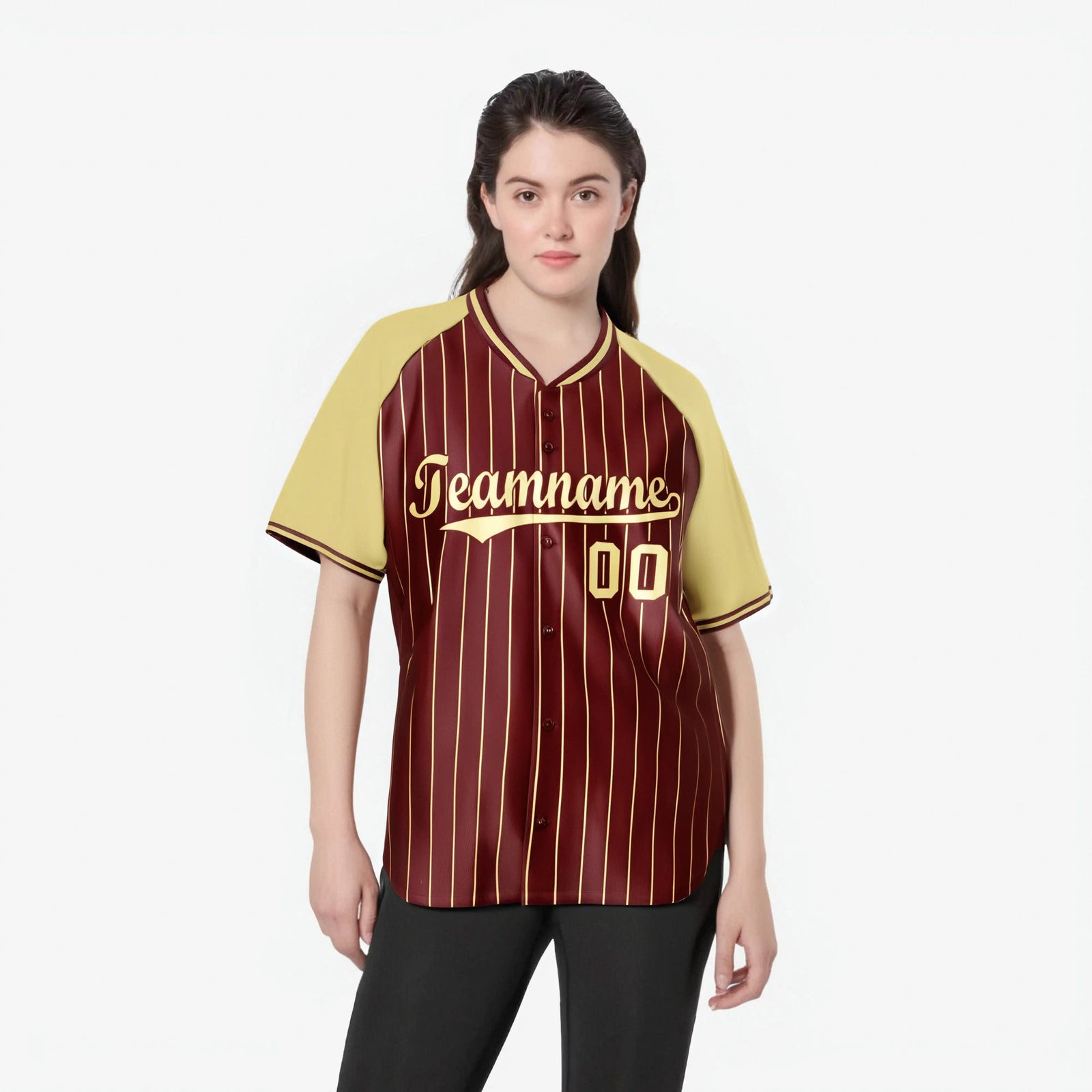 Custom Crimson Khaki Pinstripe Authentic Raglan Sleeves Baseball Jersey