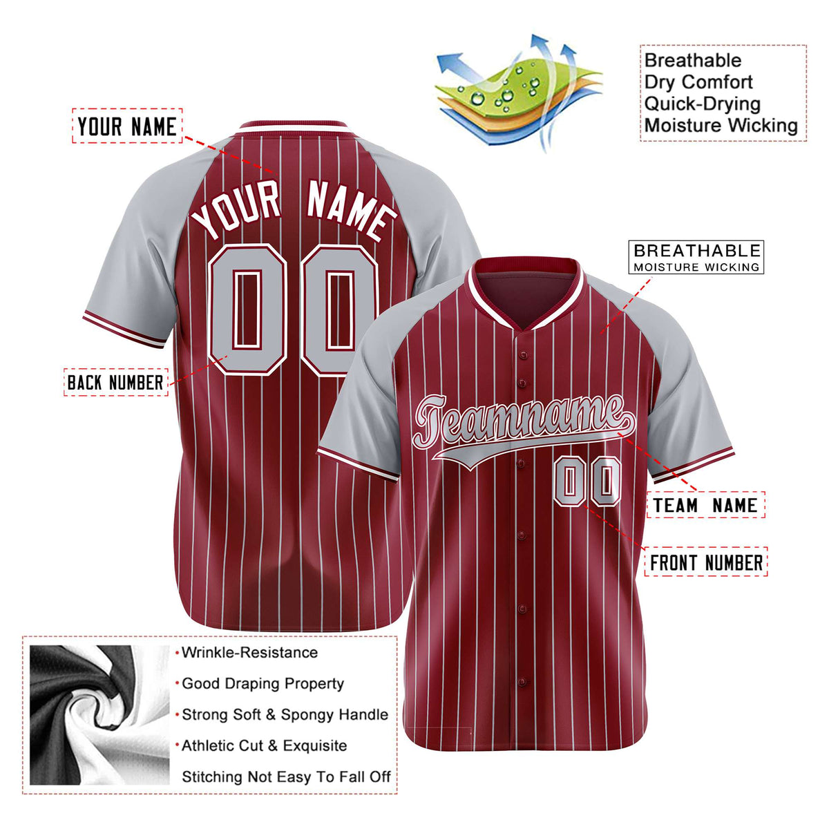 Custom Crimson Gray Pinstripe Authentic Raglan Sleeves Baseball Jersey