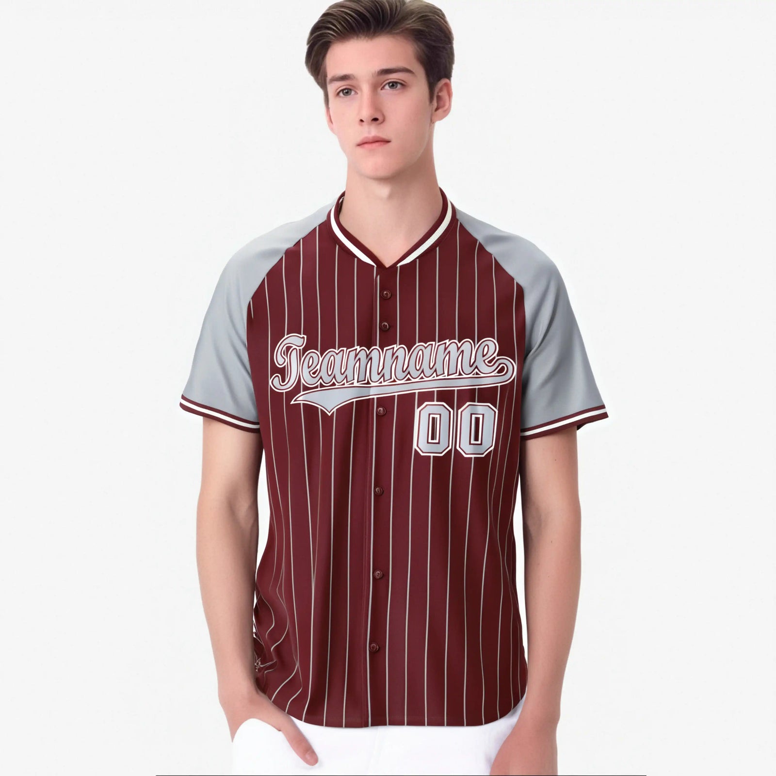 Custom Crimson Gray Pinstripe Authentic Raglan Sleeves Baseball Jersey