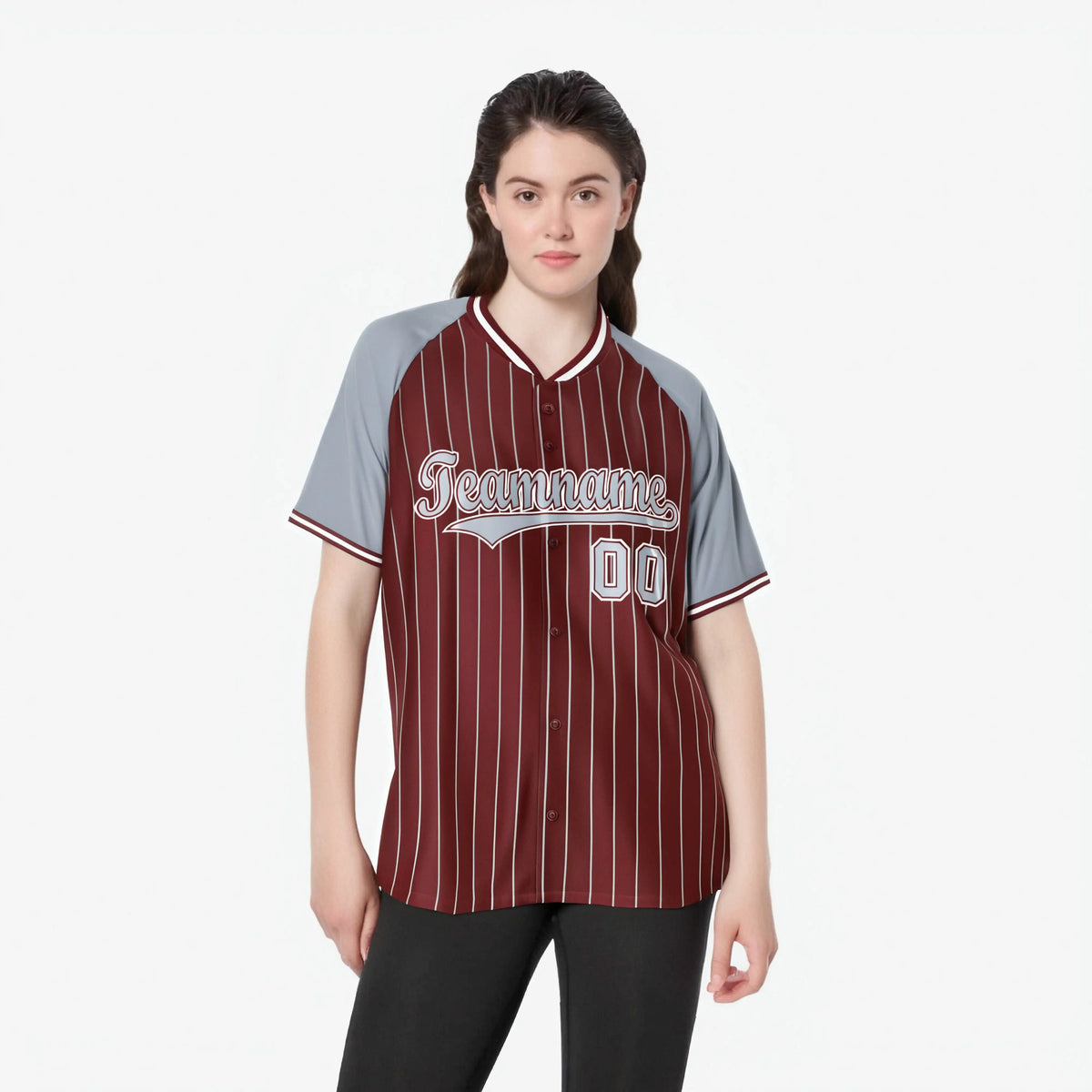 Custom Crimson Gray Pinstripe Authentic Raglan Sleeves Baseball Jersey