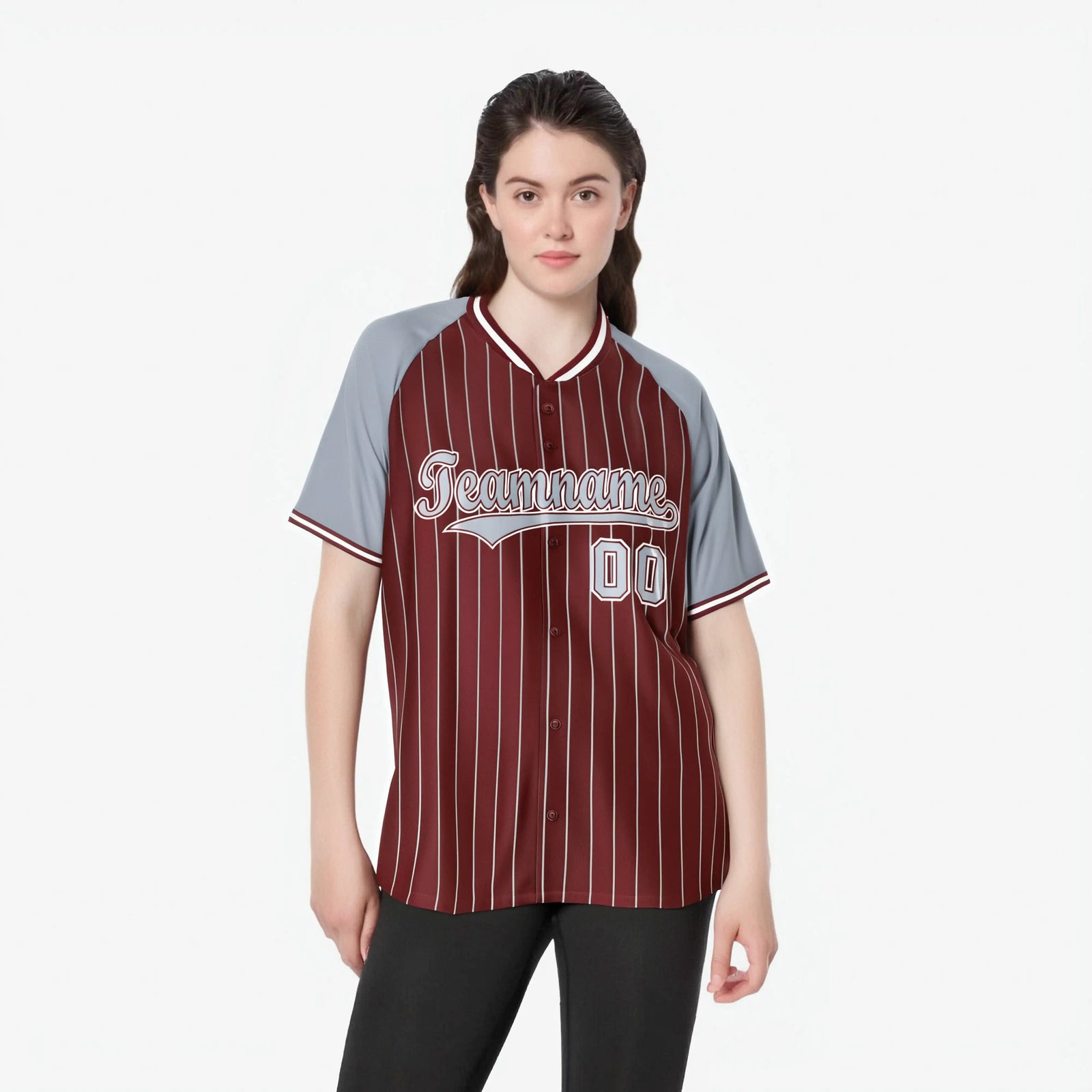 Custom Crimson Gray Pinstripe Authentic Raglan Sleeves Baseball Jersey