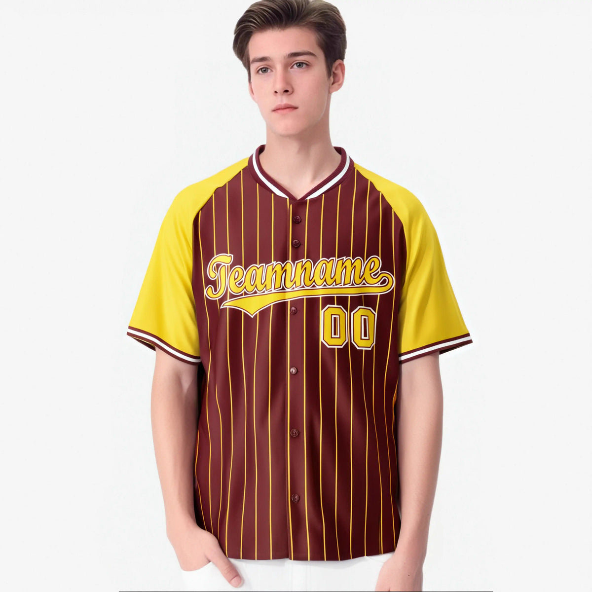 Custom Crimson Gold Pinstripe Authentic Raglan Sleeves Baseball Jersey