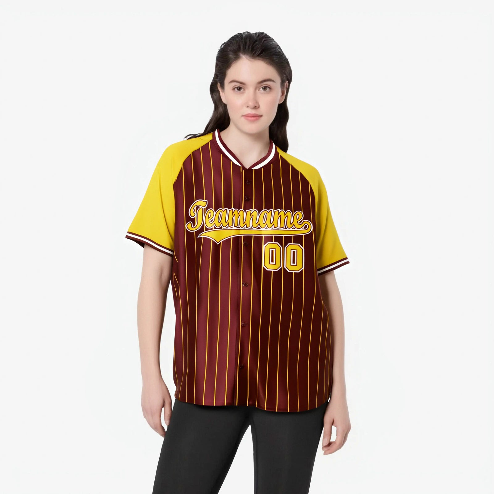 Custom Crimson Gold Pinstripe Authentic Raglan Sleeves Baseball Jersey