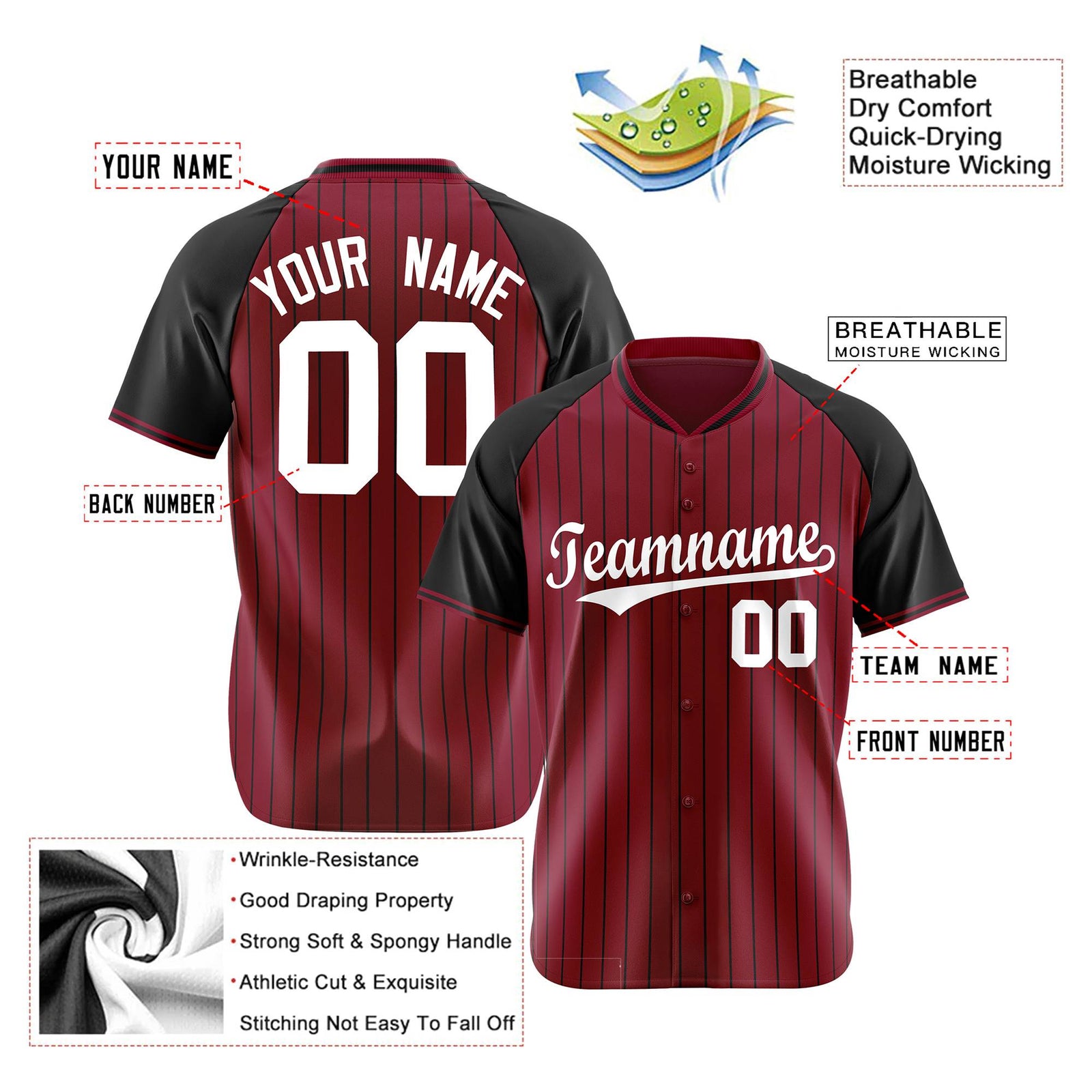 Custom Crimson Black Pinstripe Authentic Raglan Sleeves Baseball Jersey