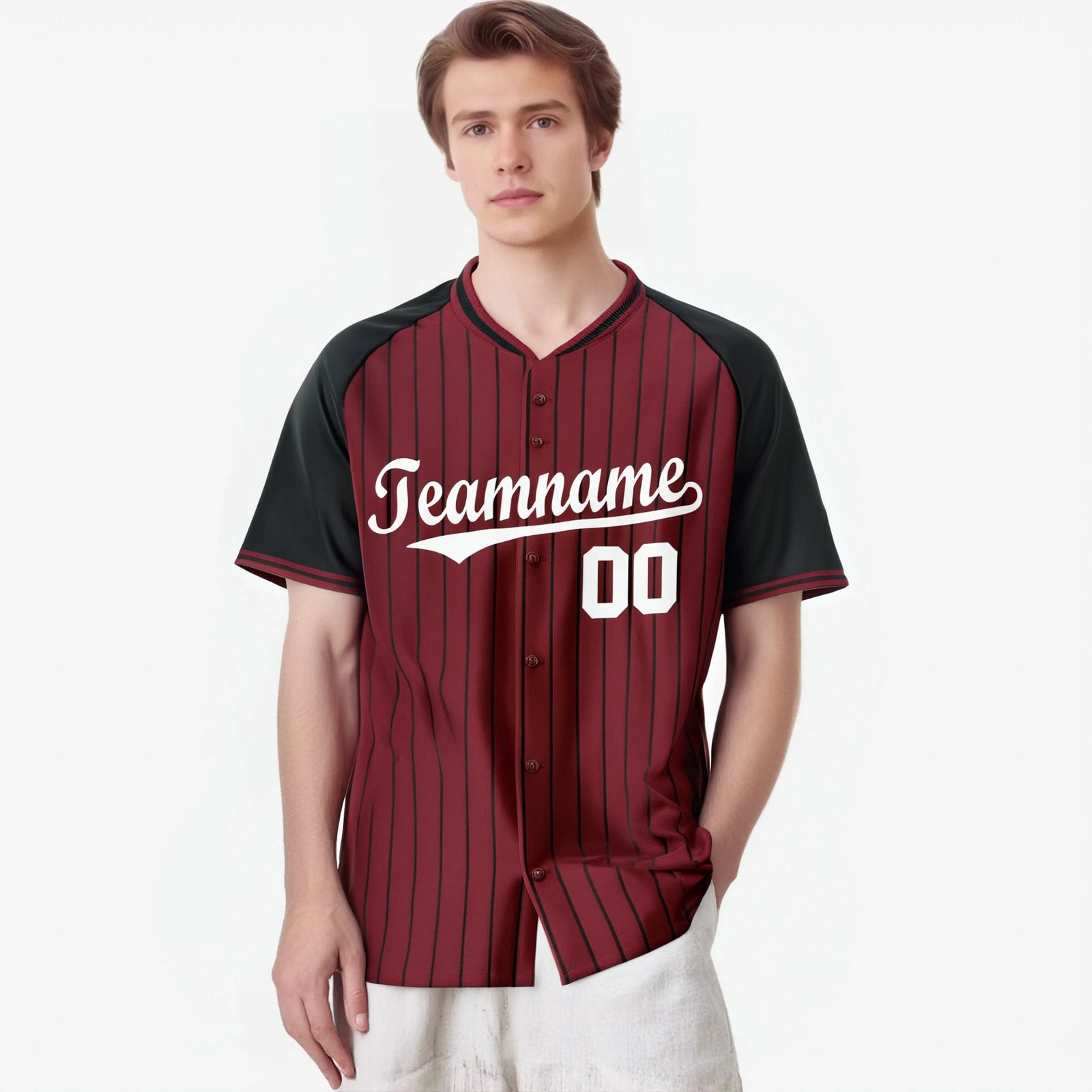 Custom Crimson Black Pinstripe Authentic Raglan Sleeves Baseball Jersey