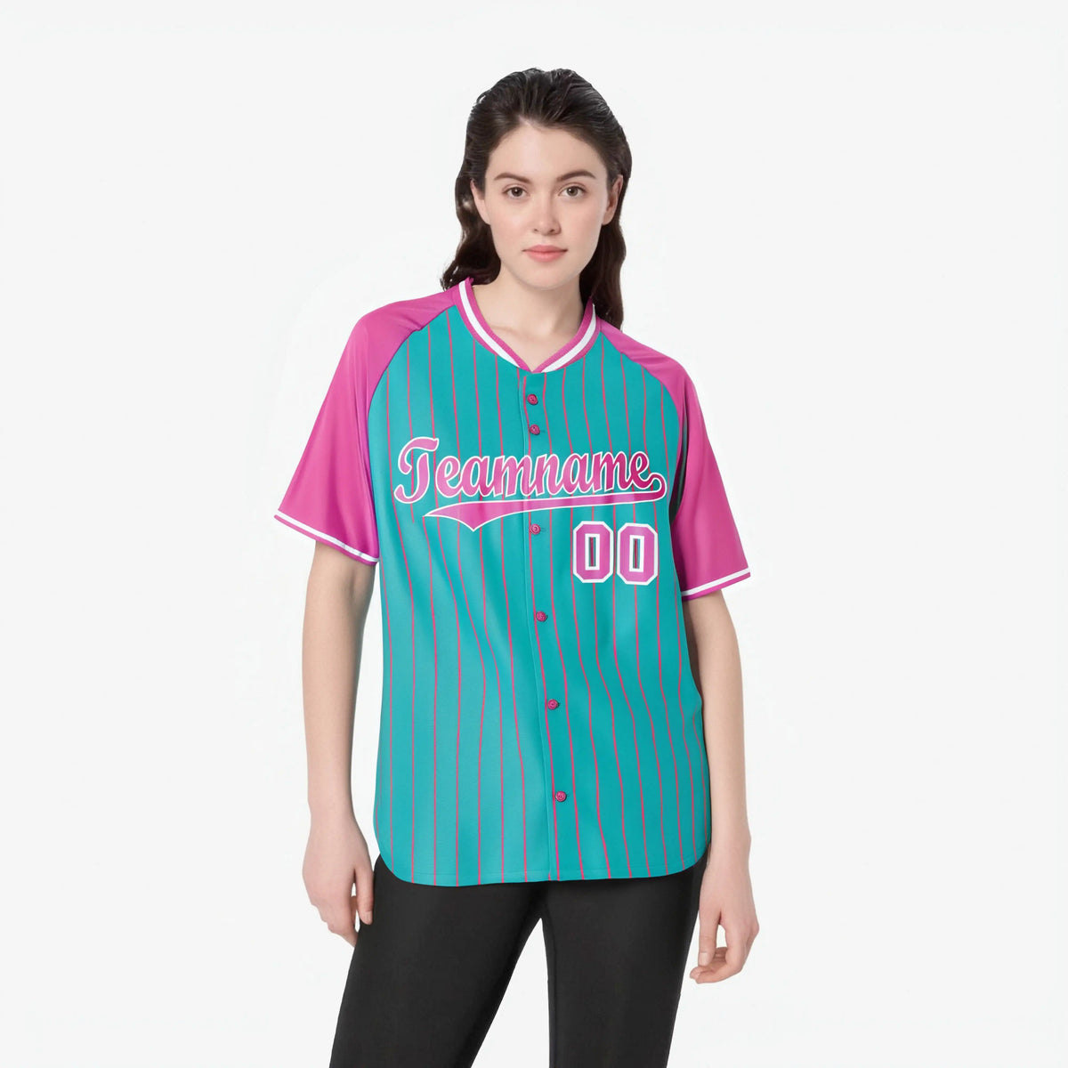 Custom Bright Green-Pink Pinstripe Authentic Raglan Sleeves Baseball Jersey