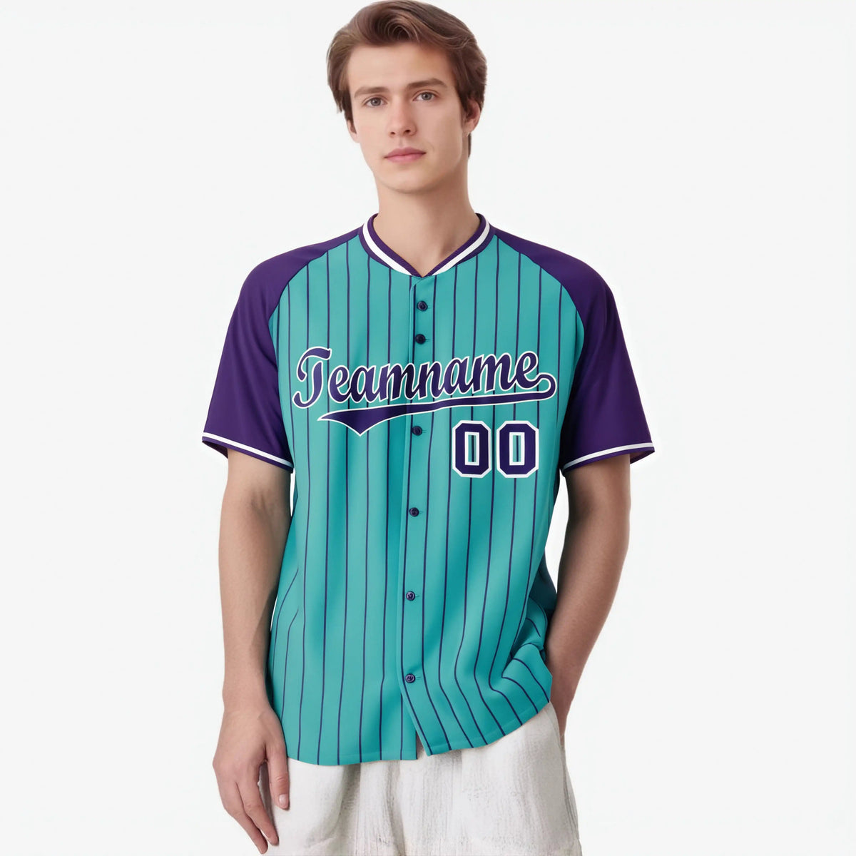 Custom Bright Green-Purple Pinstripe Authentic Raglan Sleeves Baseball Jersey