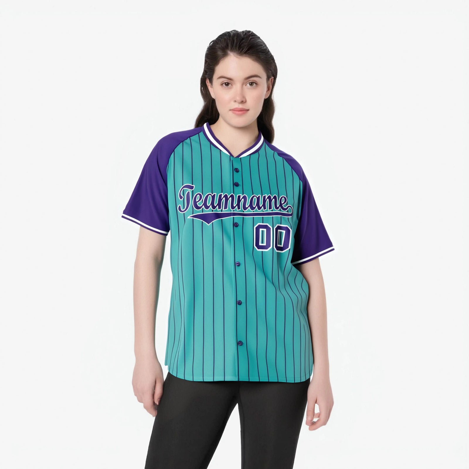Custom Bright Green-Purple Pinstripe Authentic Raglan Sleeves Baseball Jersey