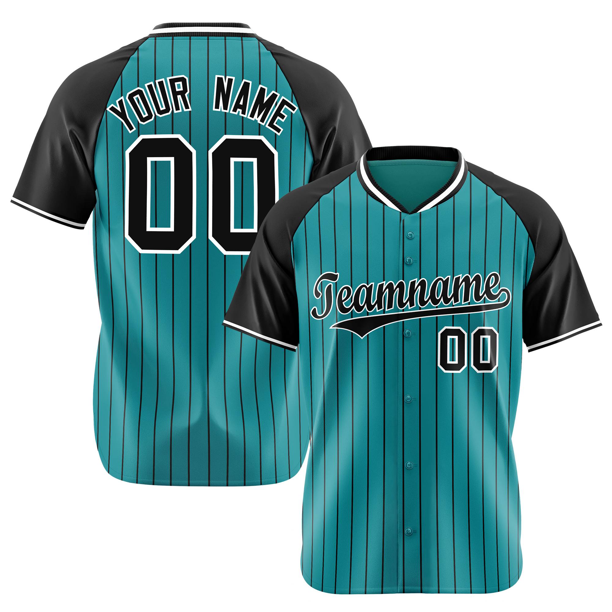 Custom Aqua Black Pinstripe Black-Aqua Authentic Raglan Sleeves Baseball Jersey