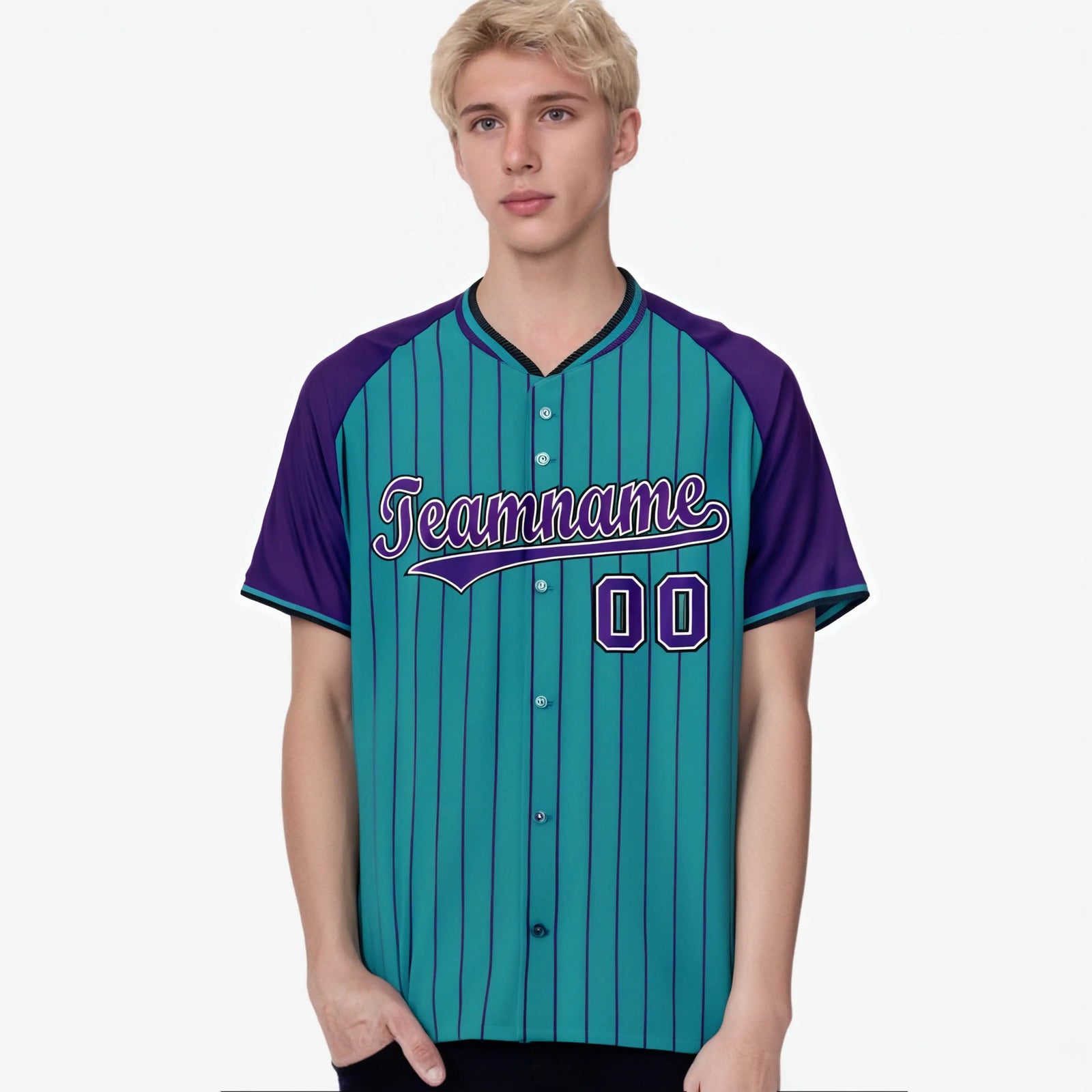 Custom Aqua Purple Pinstripe Purple-Aqua Authentic Raglan Sleeves Baseball Jersey