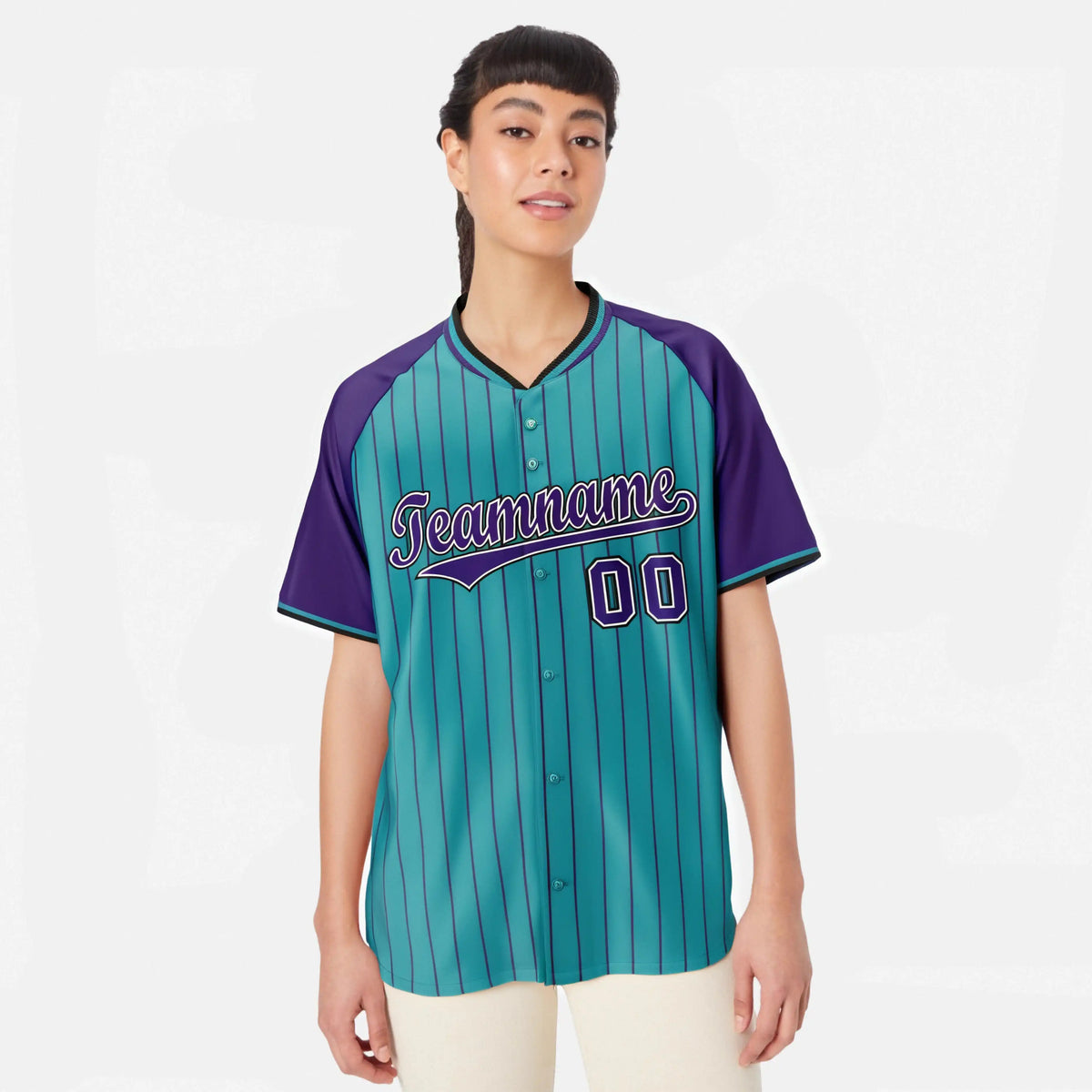 Custom Aqua Purple Pinstripe Purple-Aqua Authentic Raglan Sleeves Baseball Jersey