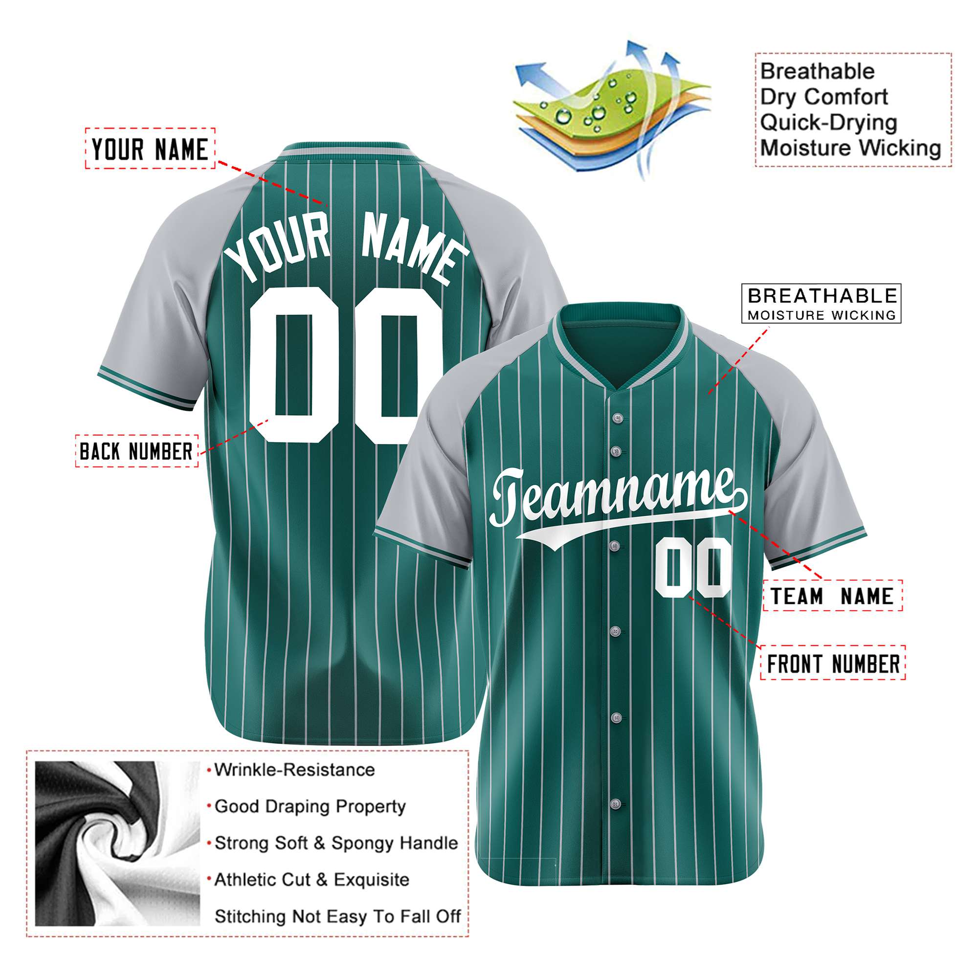 Custom Aqua Gray Pinstripe Gray-Aqua Authentic Raglan Sleeves Baseball Jersey