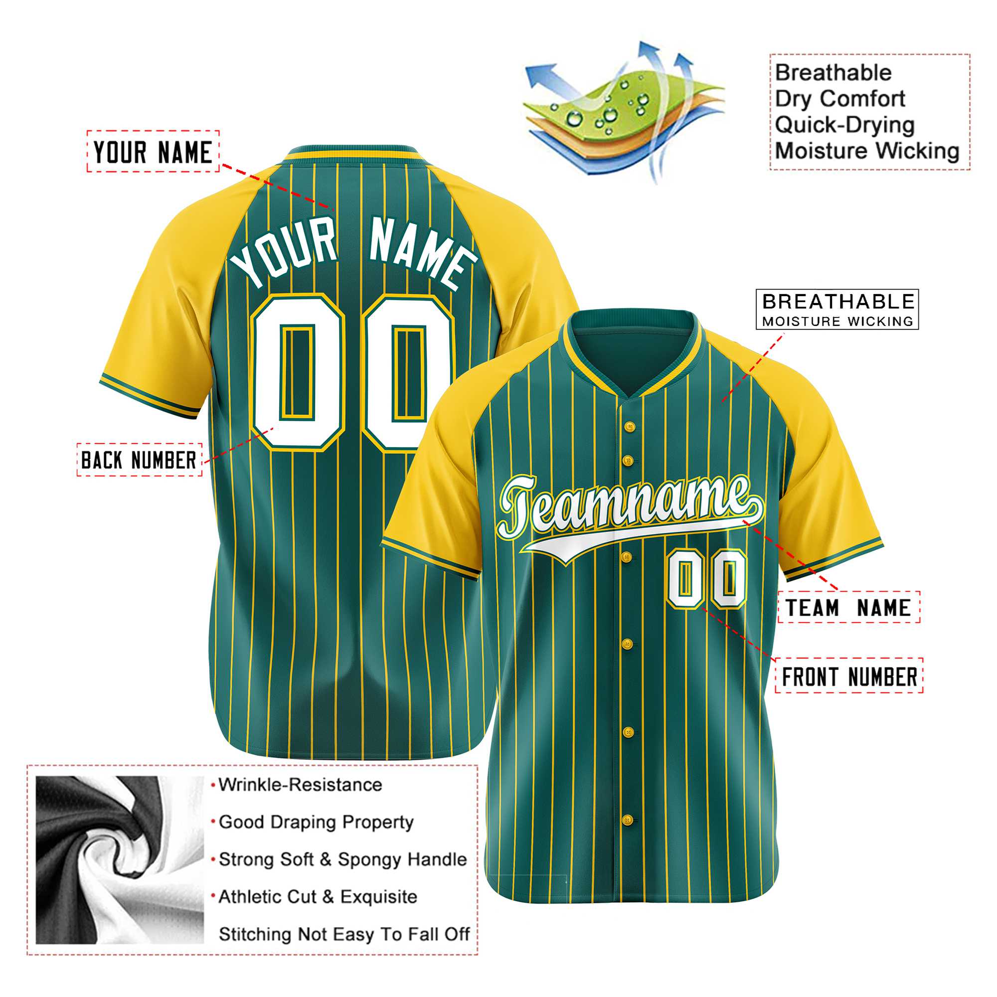 Custom Aqua Gold Pinstripe Authentic Raglan Sleeves Baseball Jersey