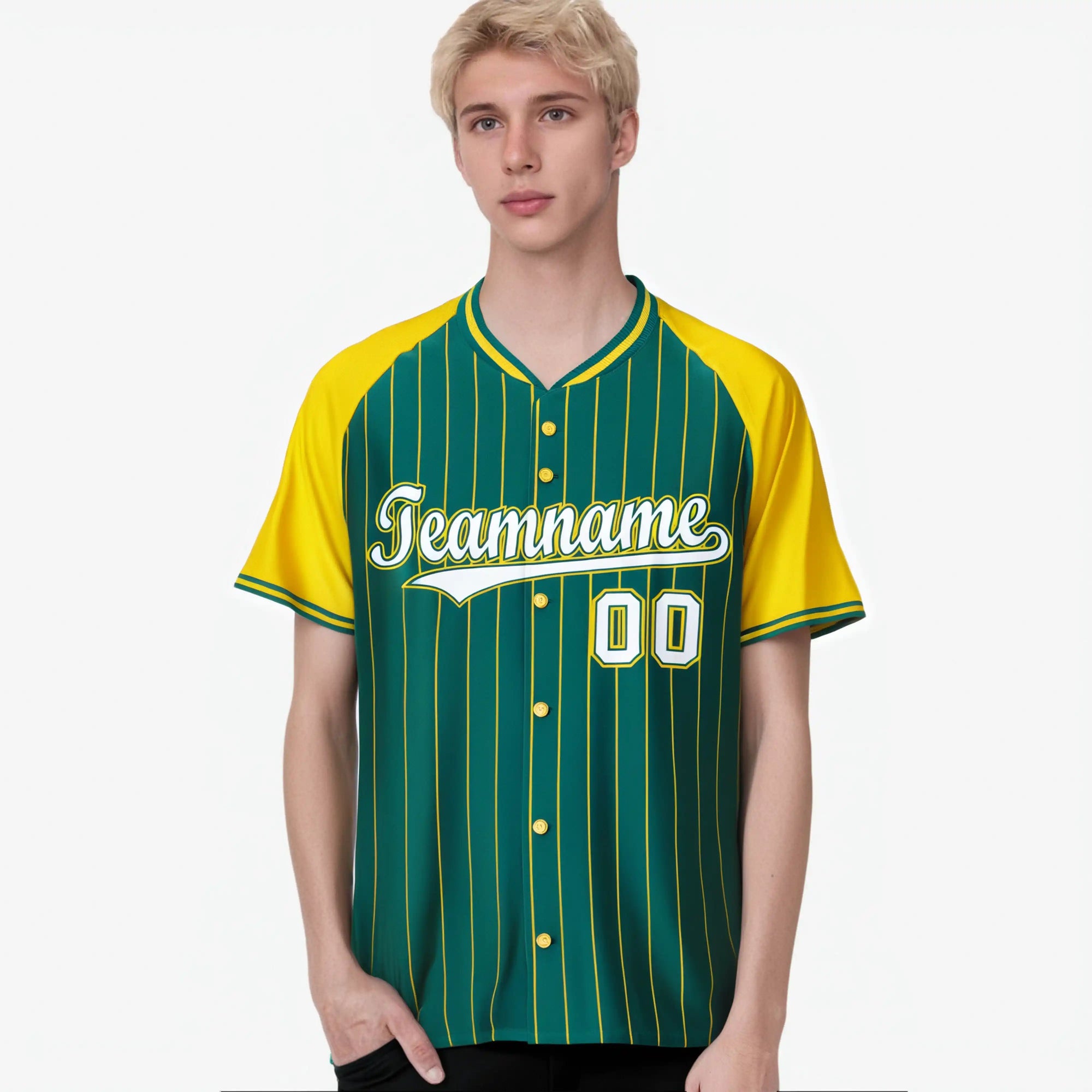 Custom Aqua Gold Pinstripe Authentic Raglan Sleeves Baseball Jersey