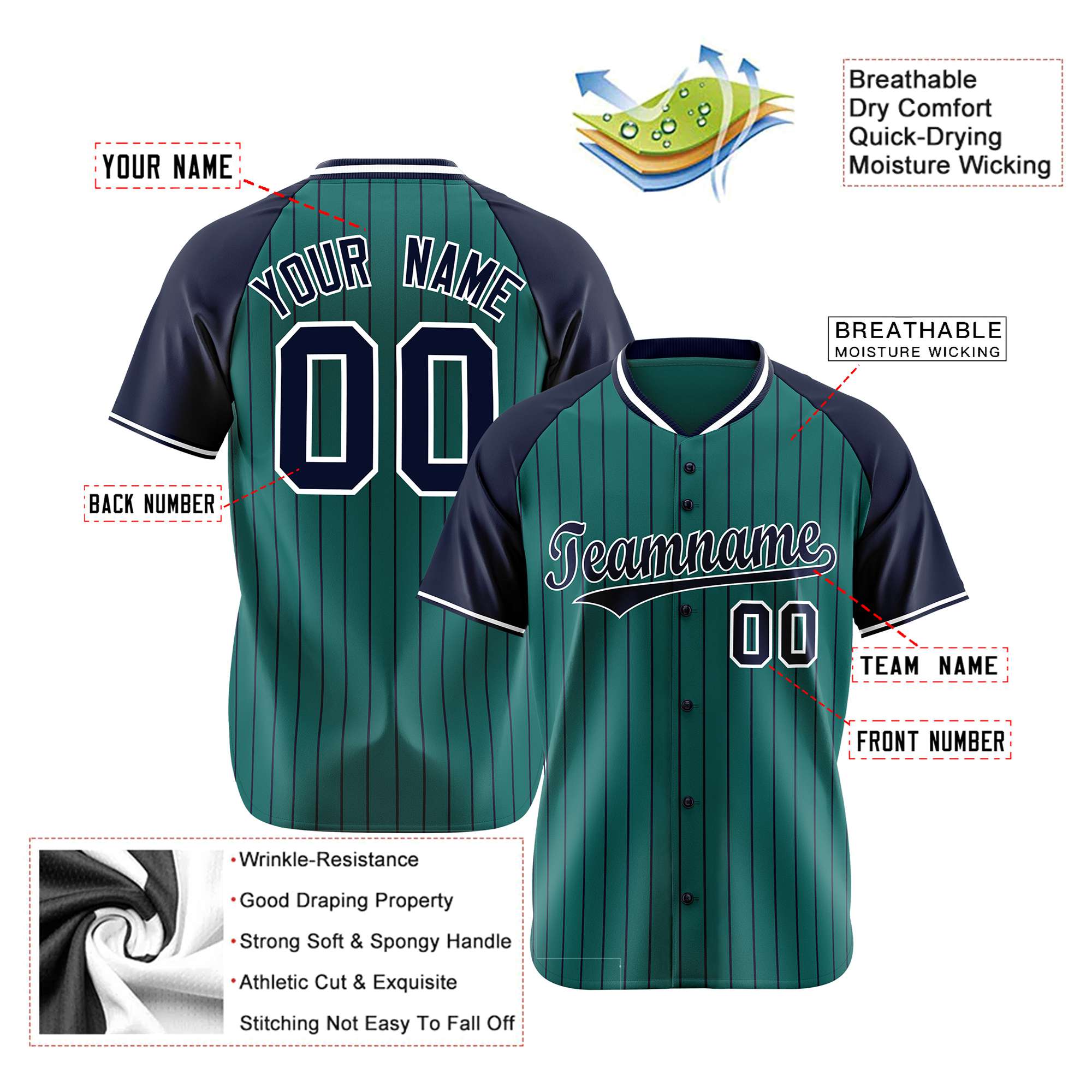 Custom Aqua Navy Pinstripe Authentic Raglan Sleeves Baseball Jersey