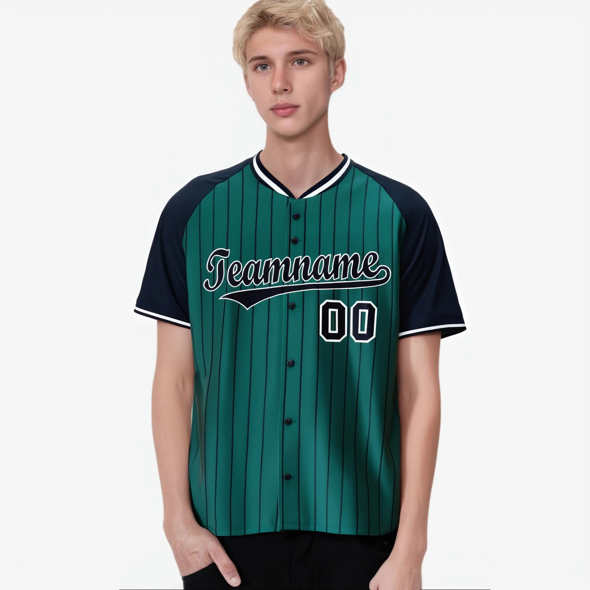 Custom Aqua Navy Pinstripe Authentic Raglan Sleeves Baseball Jersey