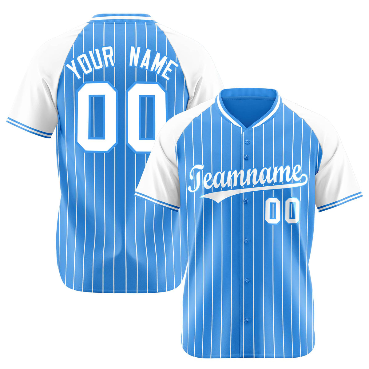 Custom Powder Blue-White Pinstripe Authentic Raglan Sleeves Baseball Jersey